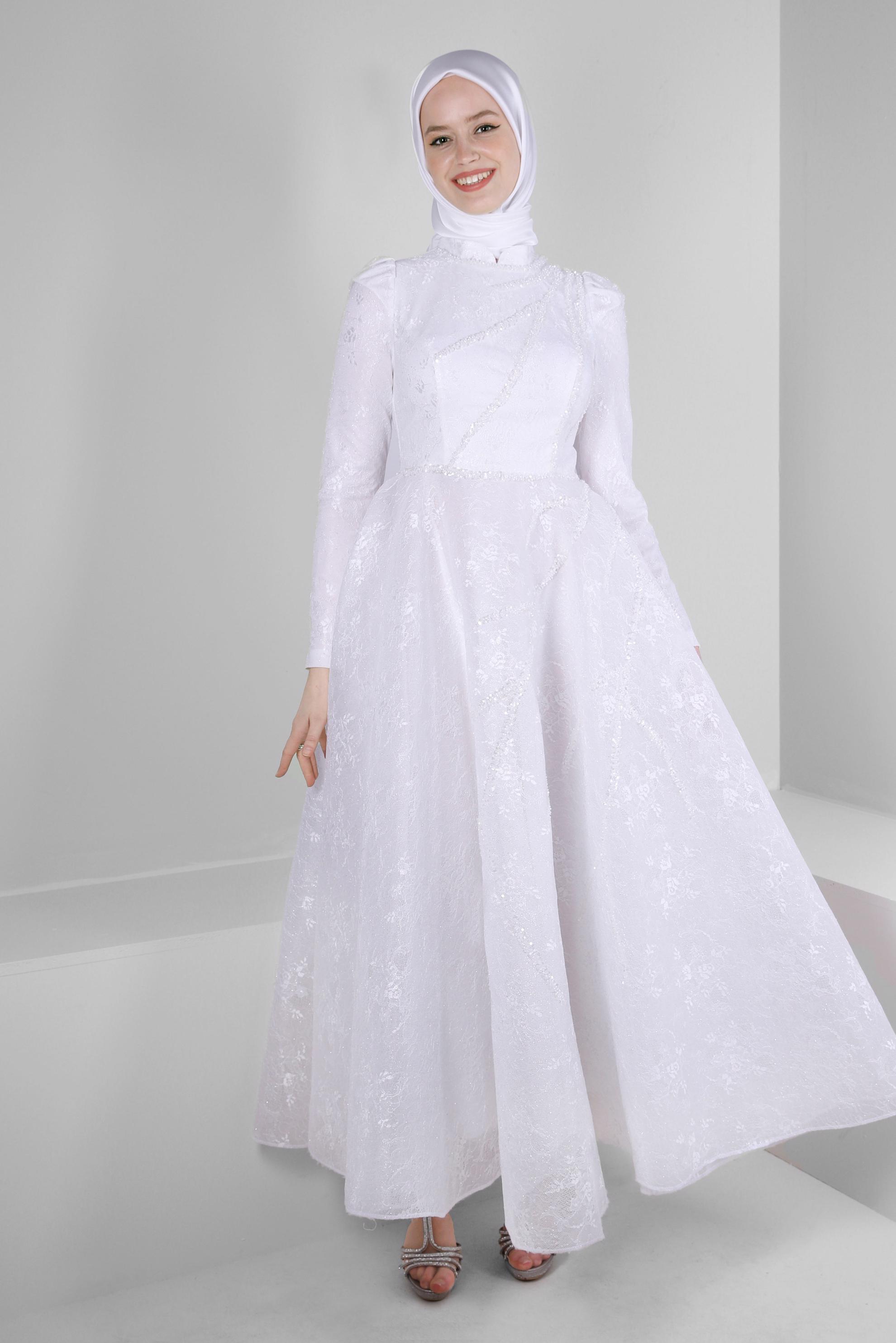 Tesettür giyim BEYAZ PUL PAYET İŞLEMELİ ABİYE ELBİSE 50360