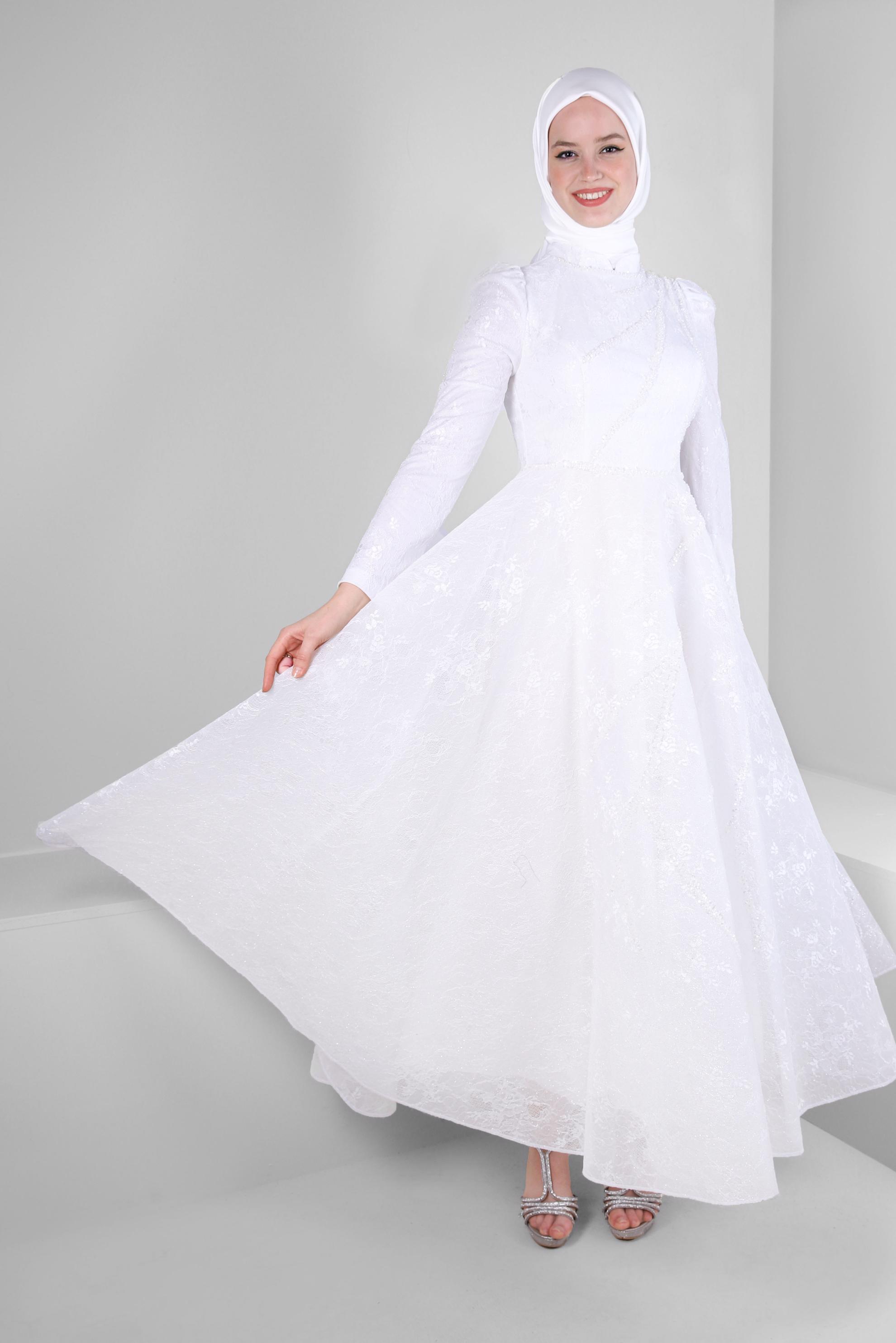 Tesettür giyim BEYAZ PUL PAYET İŞLEMELİ ABİYE ELBİSE 50360