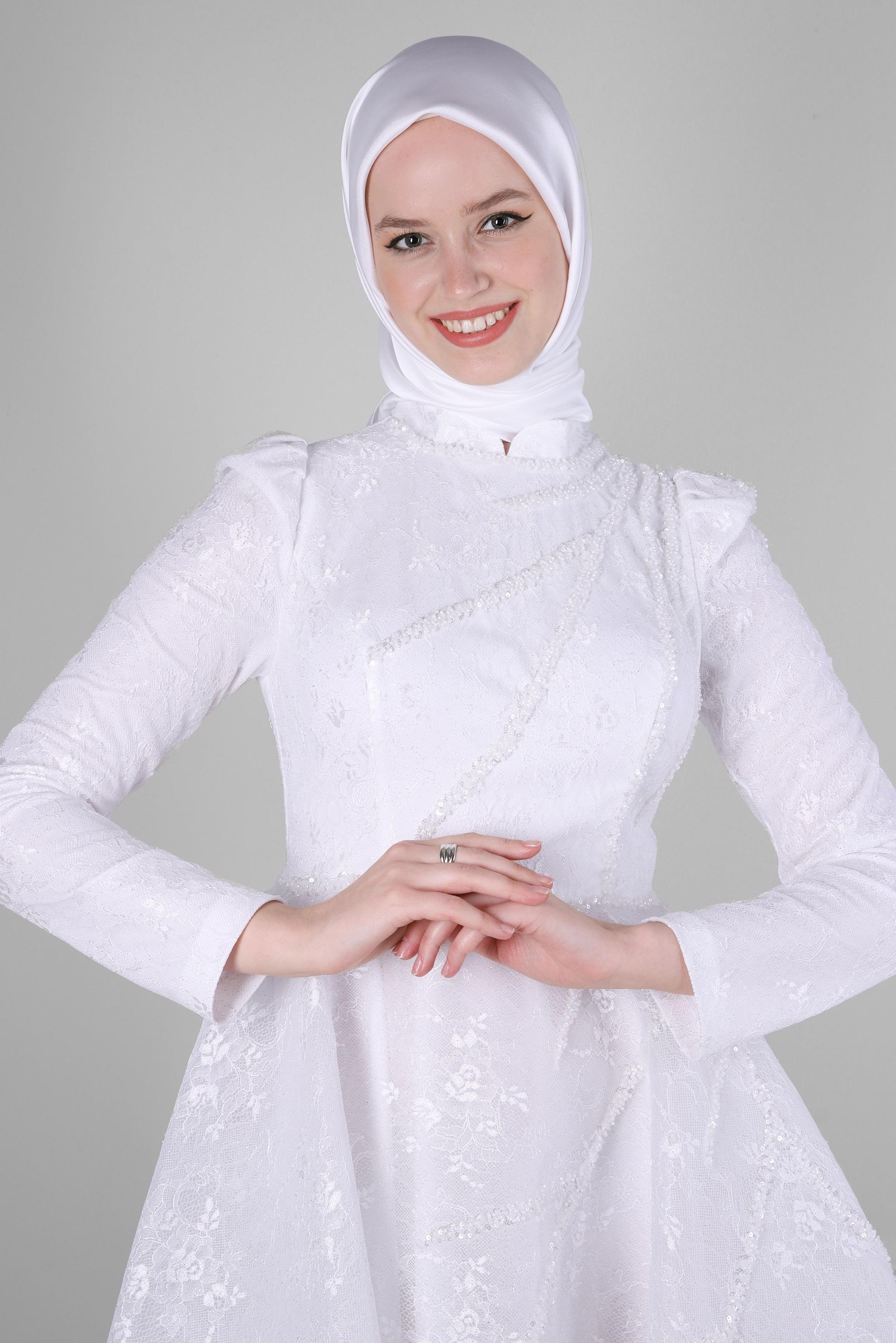 Tesettür giyim BEYAZ PUL PAYET İŞLEMELİ ABİYE ELBİSE 50360