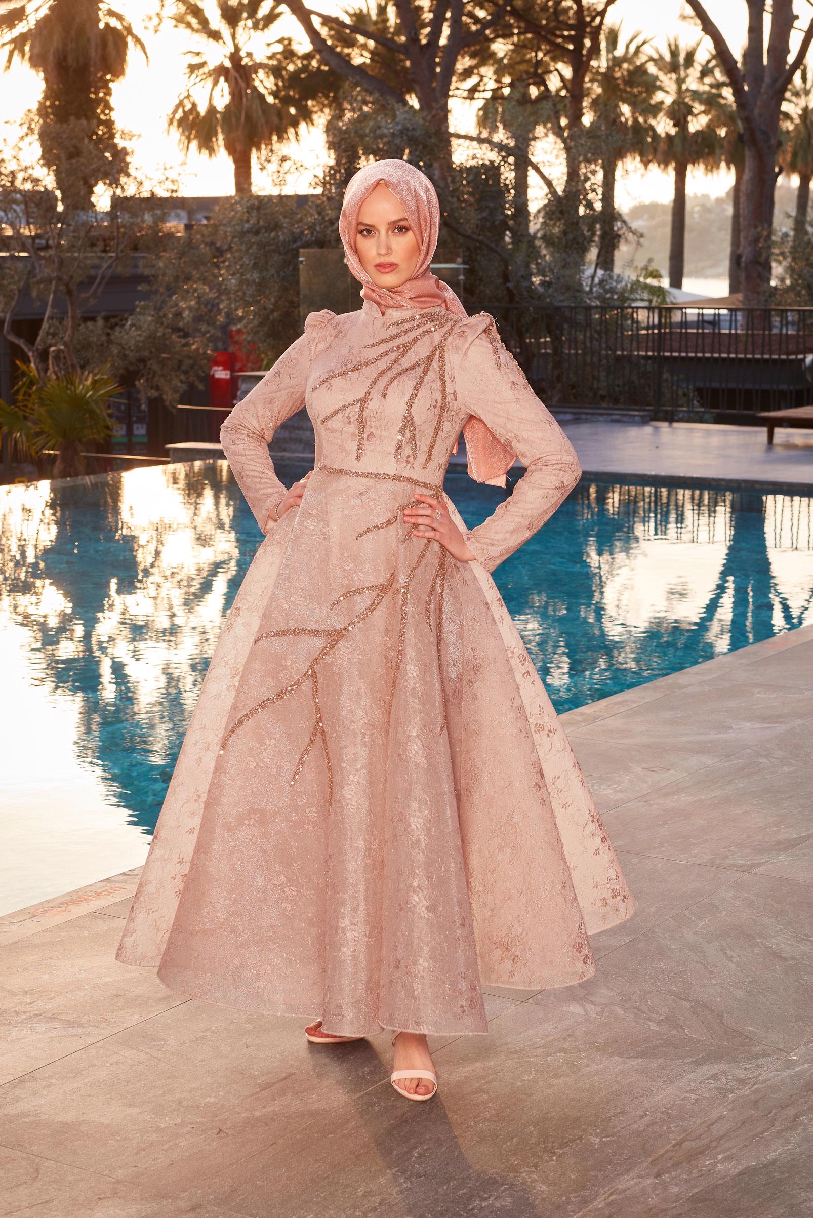 Tesettür giyim PUDRA PUL PAYET İŞLEMELİ ABİYE ELBİSE 50360