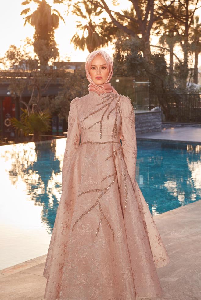 Hijab-Kleidung PULVER PUL PAYET İŞLEMELİ ABİYE ELBİSE 50360 - ALVİNA