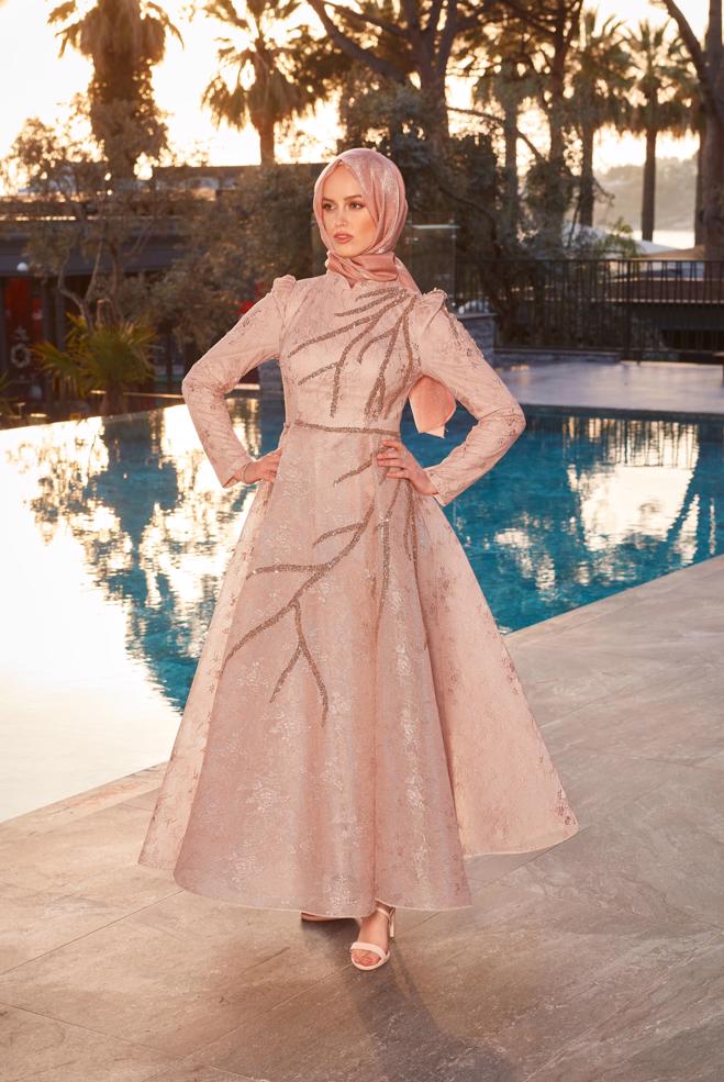 Hijab-Kleidung PULVER PUL PAYET İŞLEMELİ ABİYE ELBİSE 50360 - ALVİNA