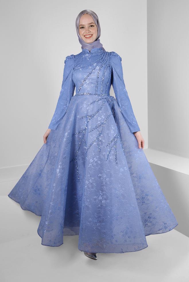 Hijab-Kleidung NAVY BLAU PUL PAYET İŞLEMELİ ABİYE ELBİSE 50360 - ALVİNA