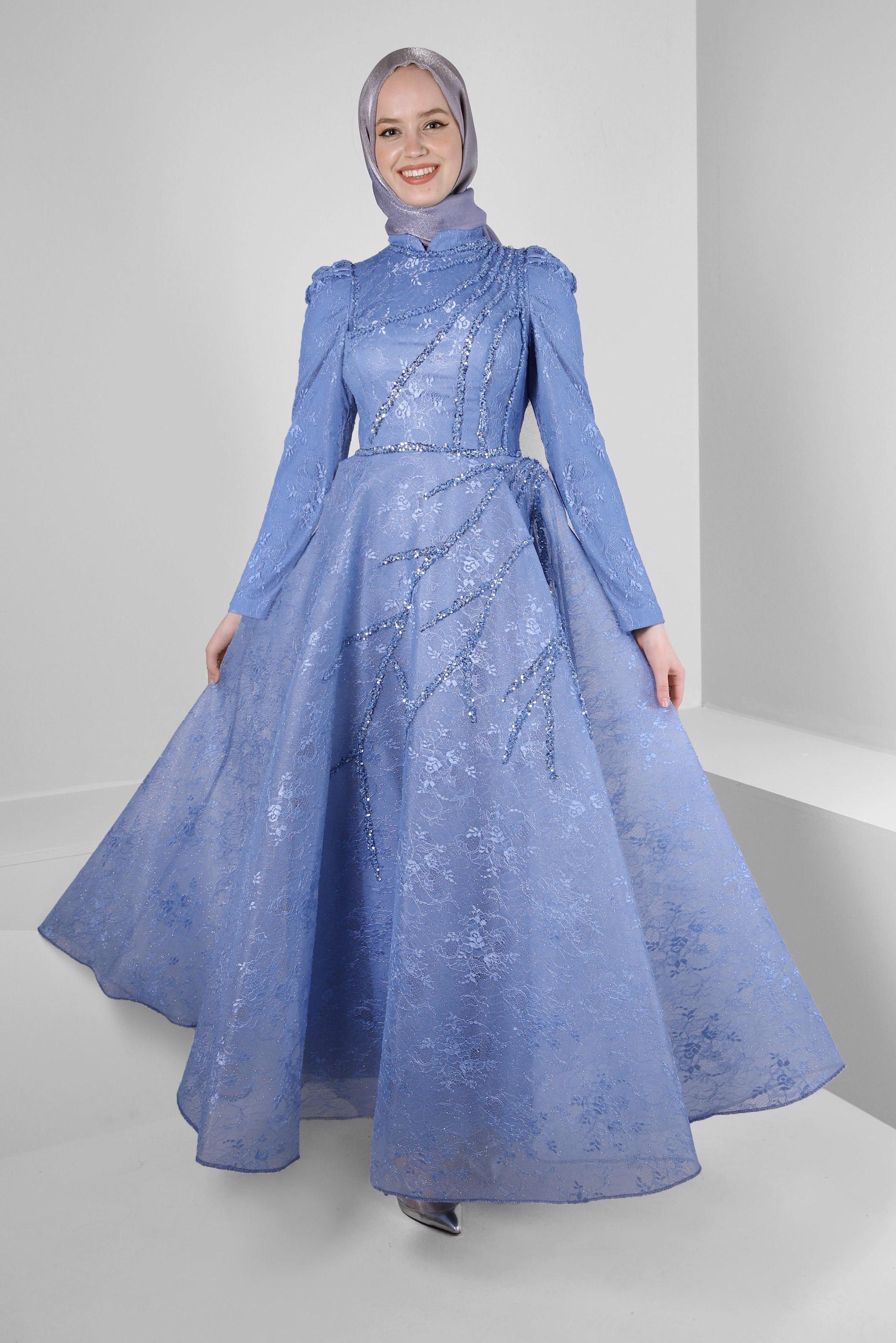 Tesettür giyim LACİVERT PUL PAYET İŞLEMELİ ABİYE ELBİSE 50360