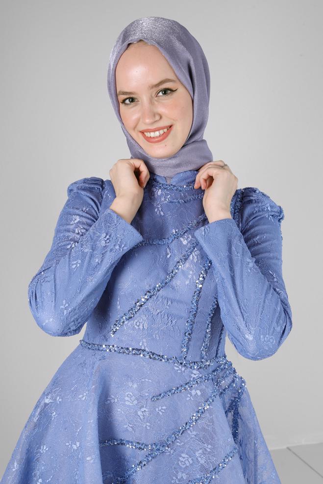 Hijab-Kleidung NAVY BLAU PUL PAYET İŞLEMELİ ABİYE ELBİSE 50360 - ALVİNA