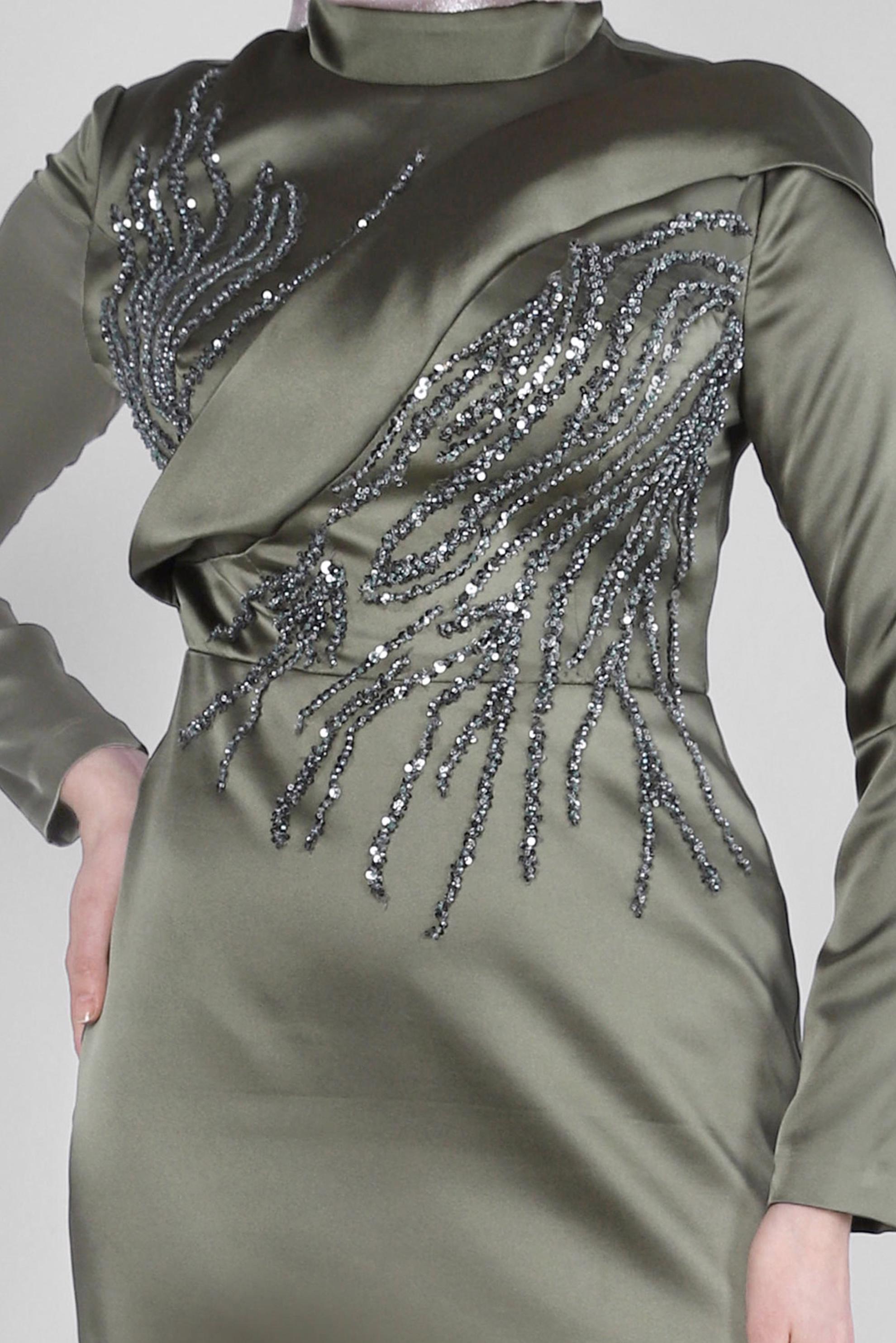 Tesettür giyim HAKİ PUL PAYET İŞLEMELİ SATEN ABİYE ELBİSE 50361