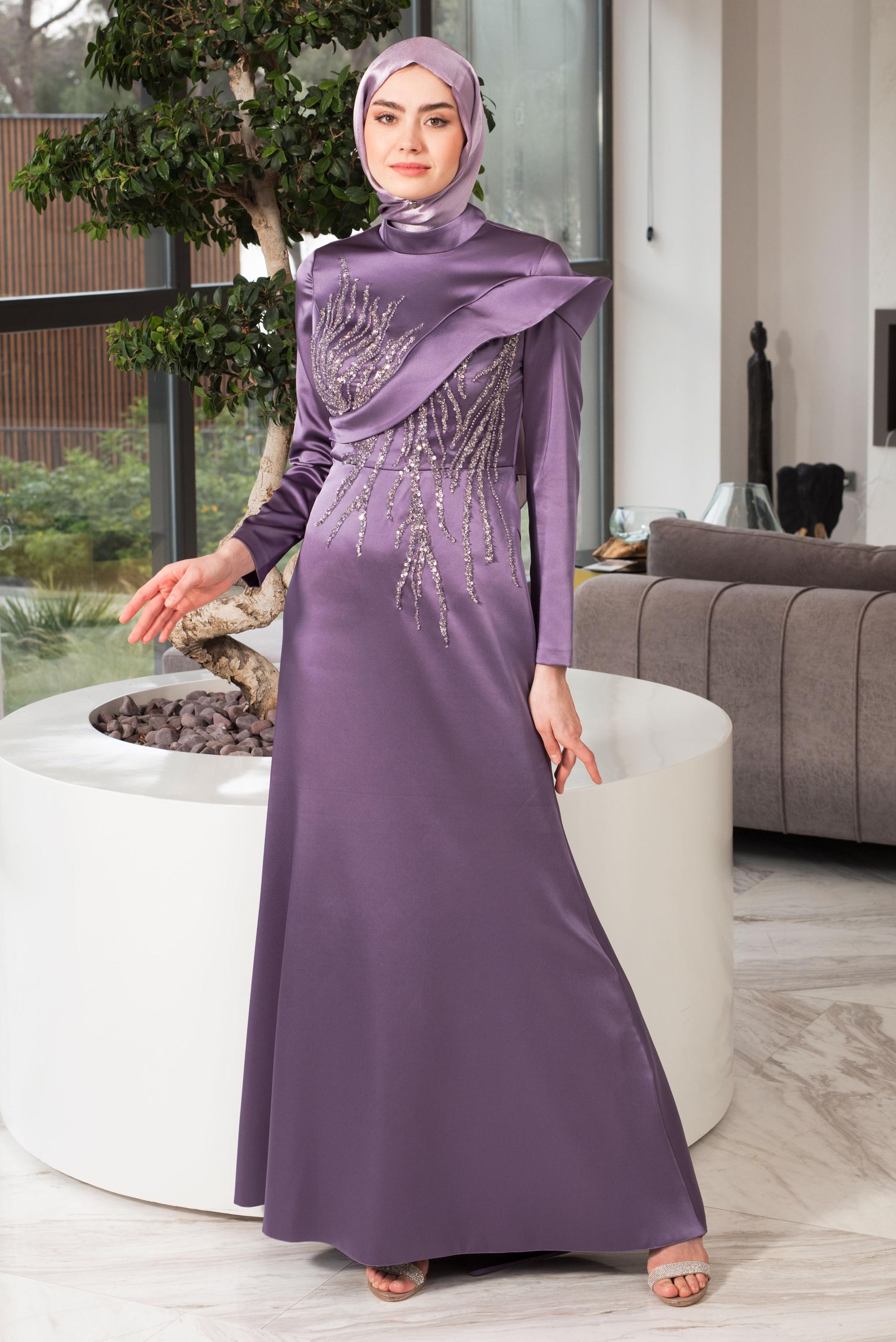 Tesettür giyim MOR PUL PAYET İŞLEMELİ SATEN ABİYE ELBİSE 50361