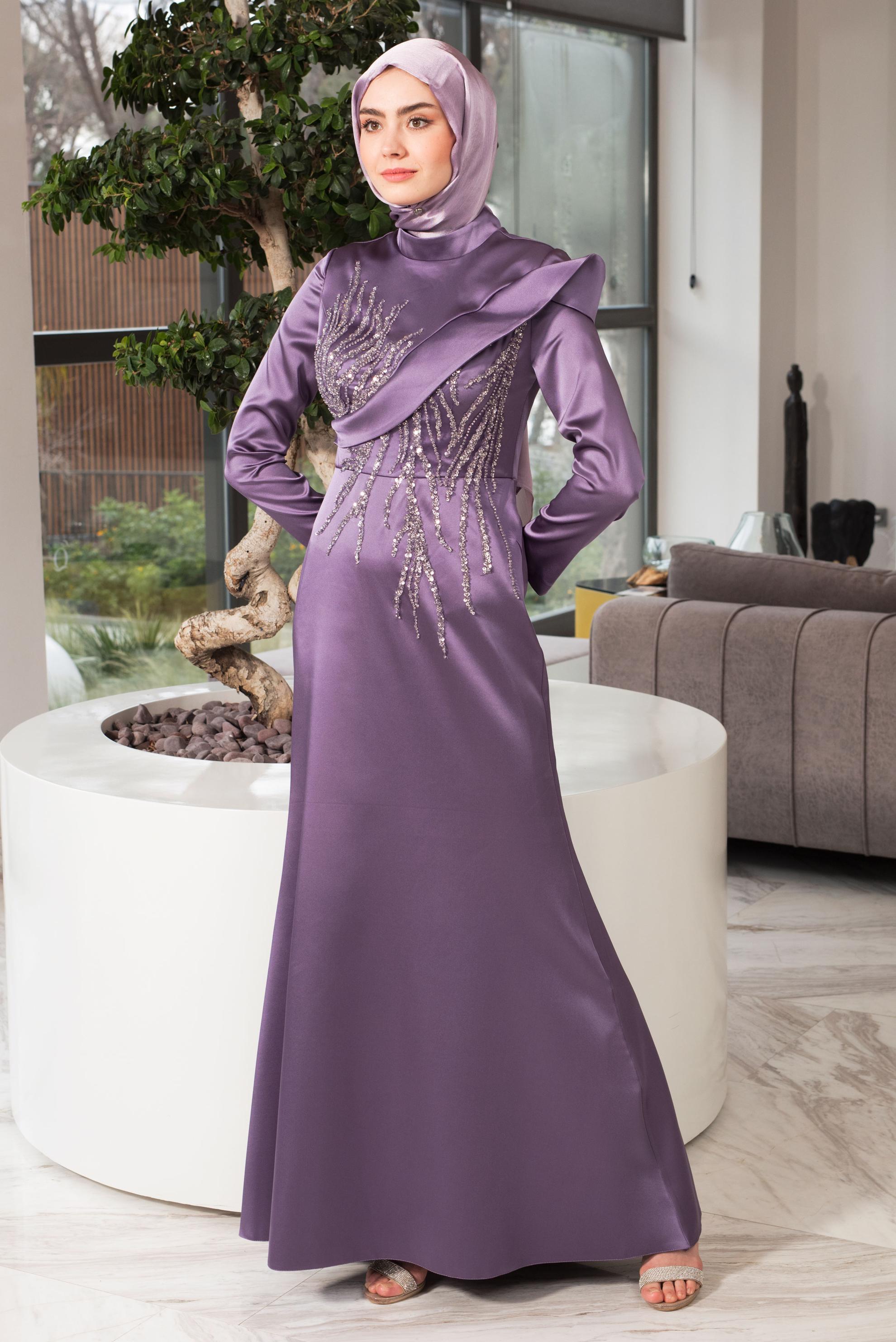 Tesettür giyim MOR PUL PAYET İŞLEMELİ SATEN ABİYE ELBİSE 50361