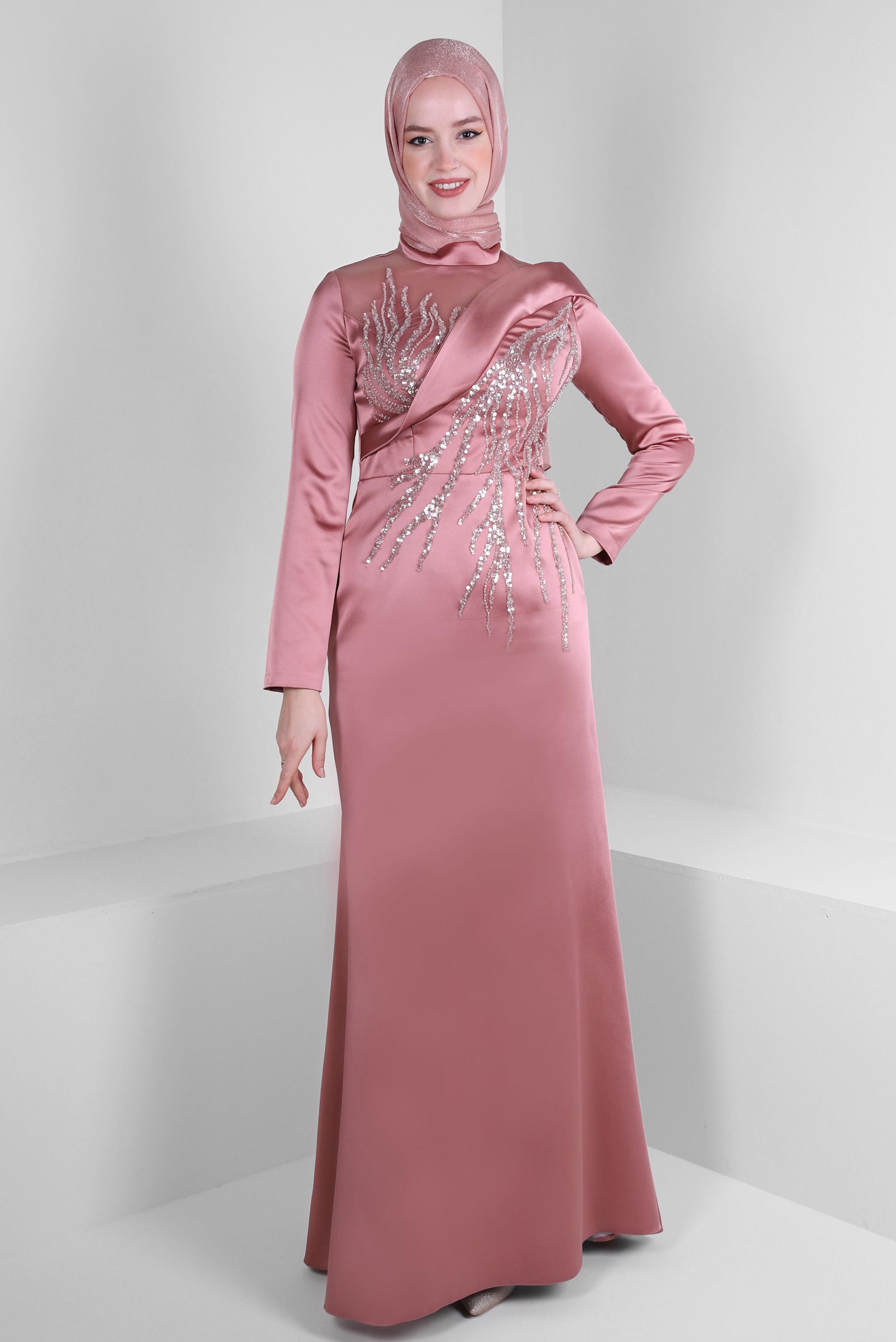 Tesettür giyim PEMBE PUL PAYET İŞLEMELİ SATEN ABİYE ELBİSE 50361