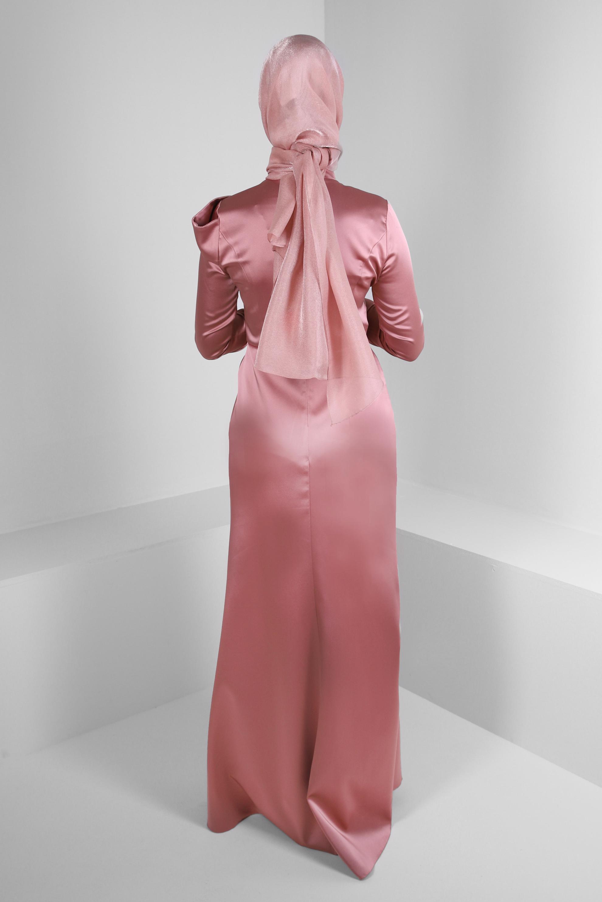 Tesettür giyim PEMBE PUL PAYET İŞLEMELİ SATEN ABİYE ELBİSE 50361