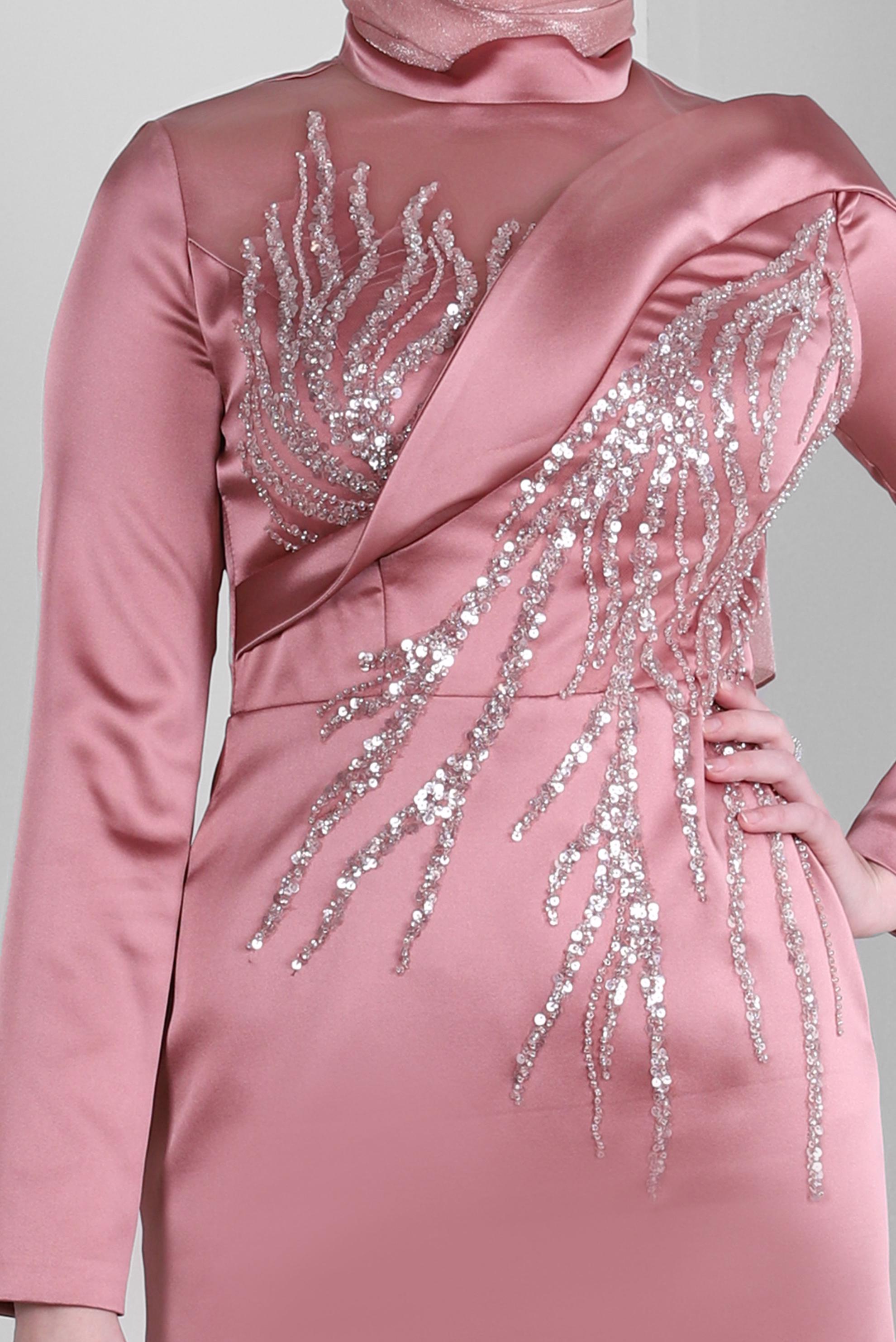 Tesettür giyim PEMBE PUL PAYET İŞLEMELİ SATEN ABİYE ELBİSE 50361