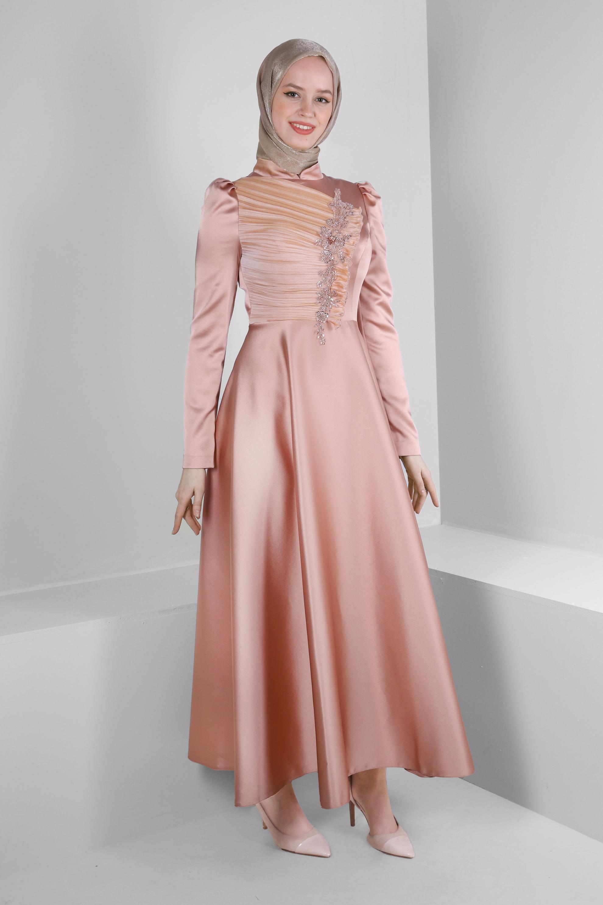 Tesettür giyim KAHVE İŞLEMELİ SATEN ABİYE ELBİSE 50364