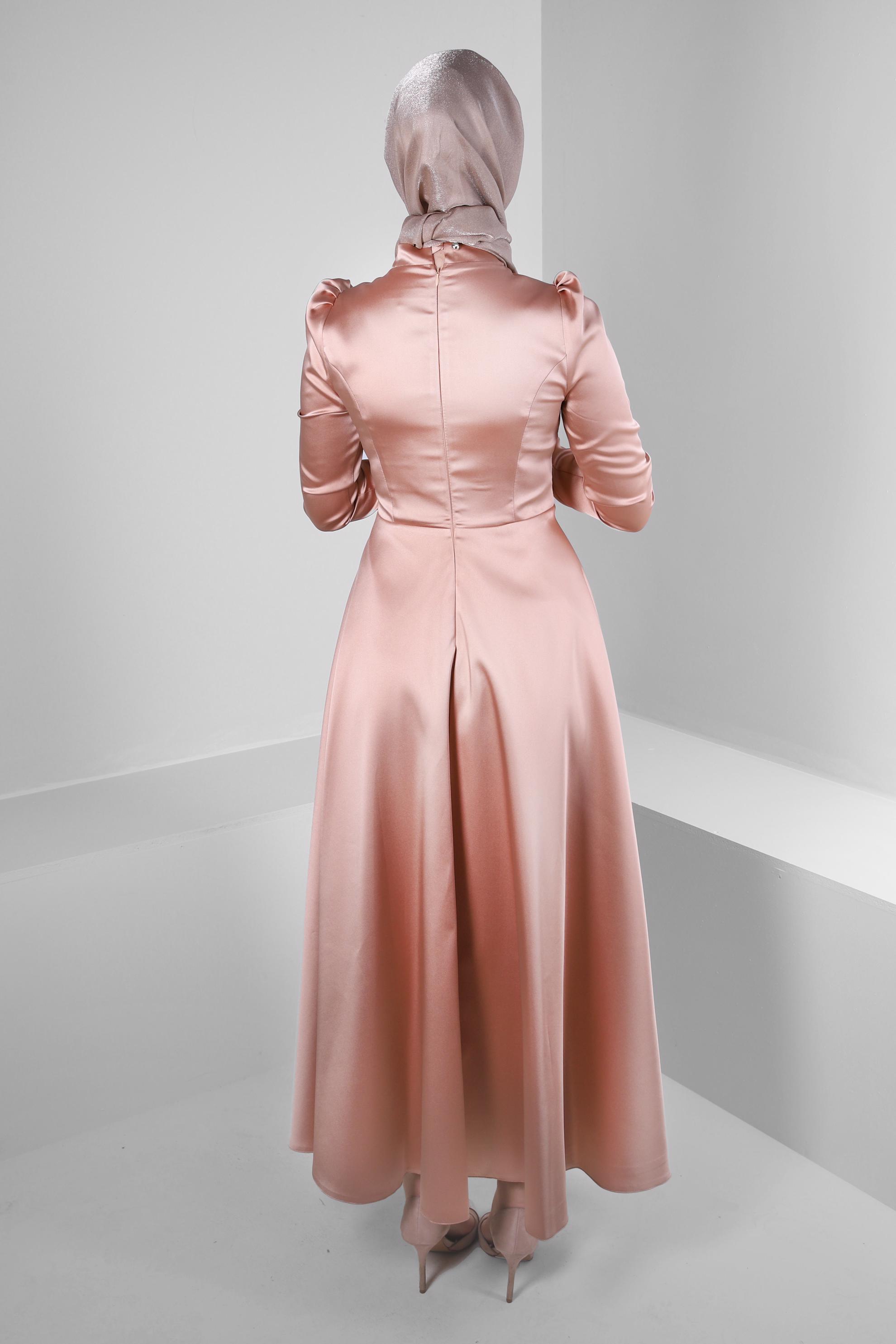 Tesettür giyim KAHVE İŞLEMELİ SATEN ABİYE ELBİSE 50364