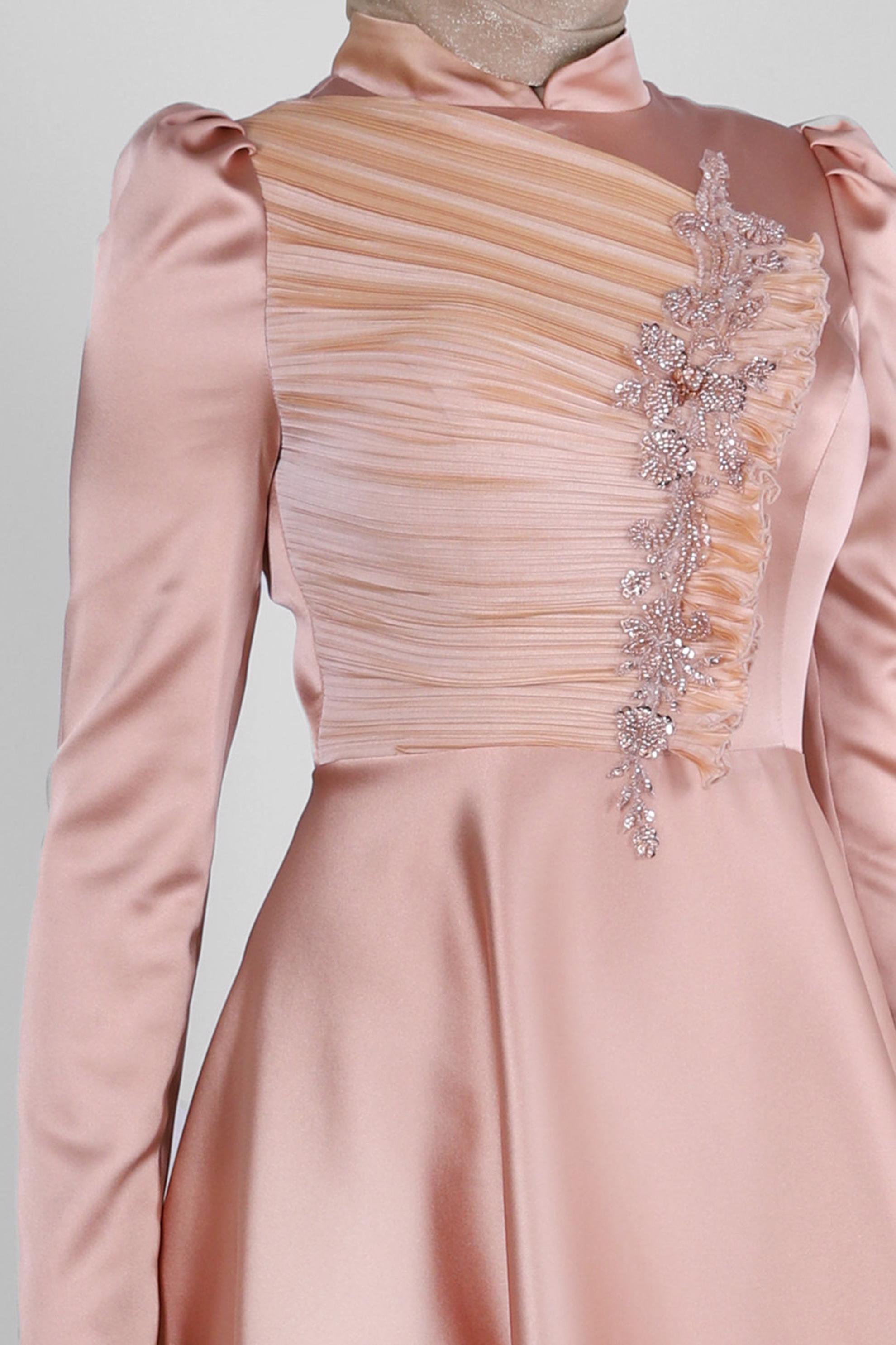 Tesettür giyim KAHVE İŞLEMELİ SATEN ABİYE ELBİSE 50364