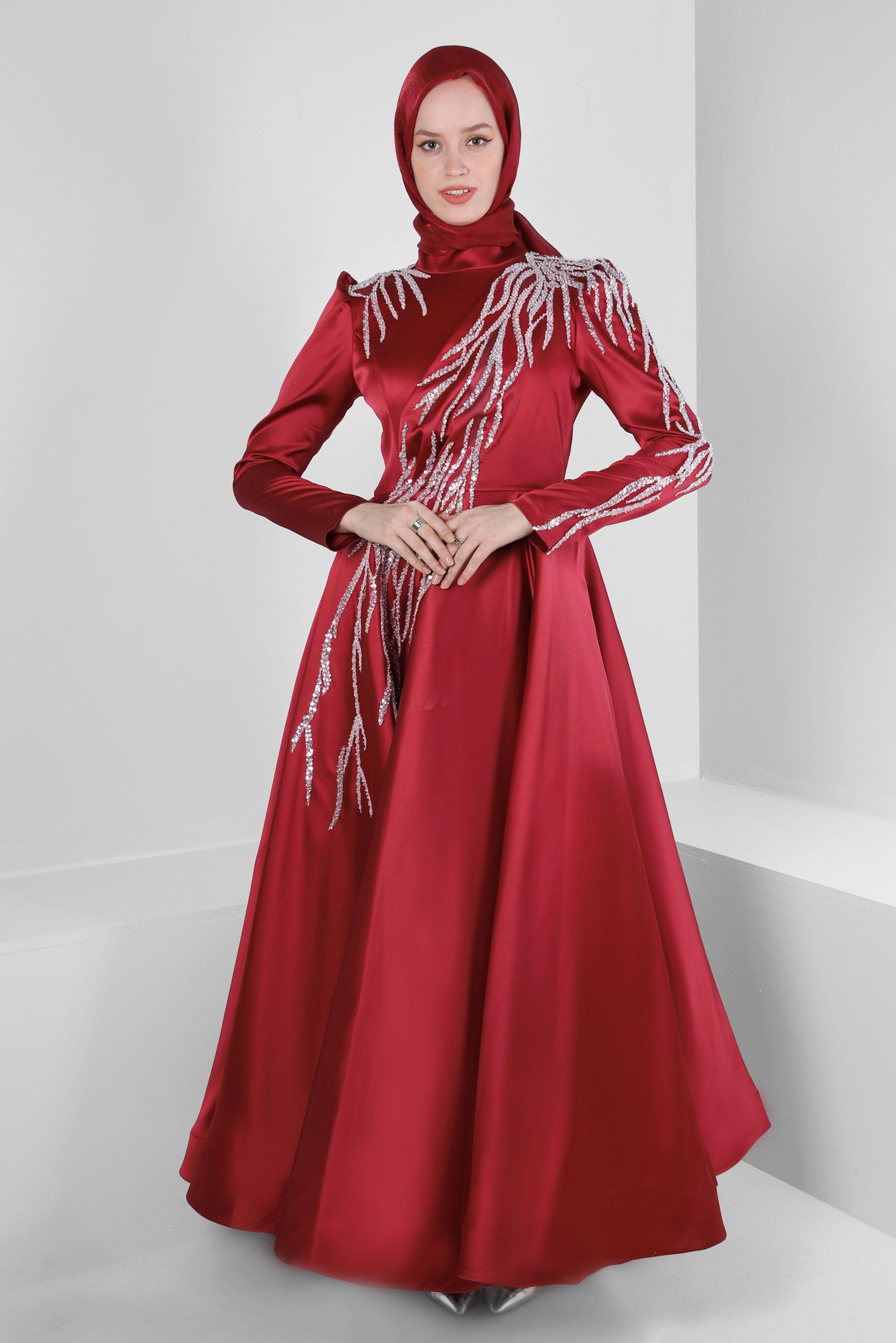 Vêtements hijab ROUGE BORDEAUX ROBE DE SOIRÉE EN SATIN À SEQUINS 50368
