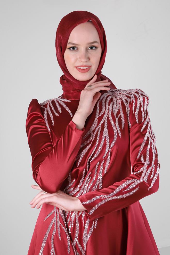 Vêtements hijab ROUGE BORDEAUX ROBE DE SOIRÉE EN SATIN À SEQUINS 50368 - ALVİNA