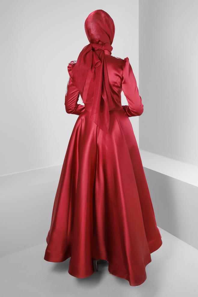 Vêtements hijab ROUGE BORDEAUX ROBE DE SOIRÉE EN SATIN À SEQUINS 50368 - ALVİNA
