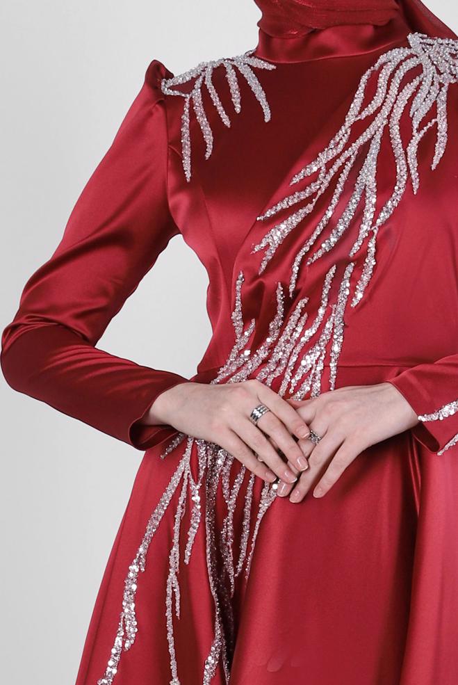 Vêtements hijab ROUGE BORDEAUX ROBE DE SOIRÉE EN SATIN À SEQUINS 50368 - ALVİNA