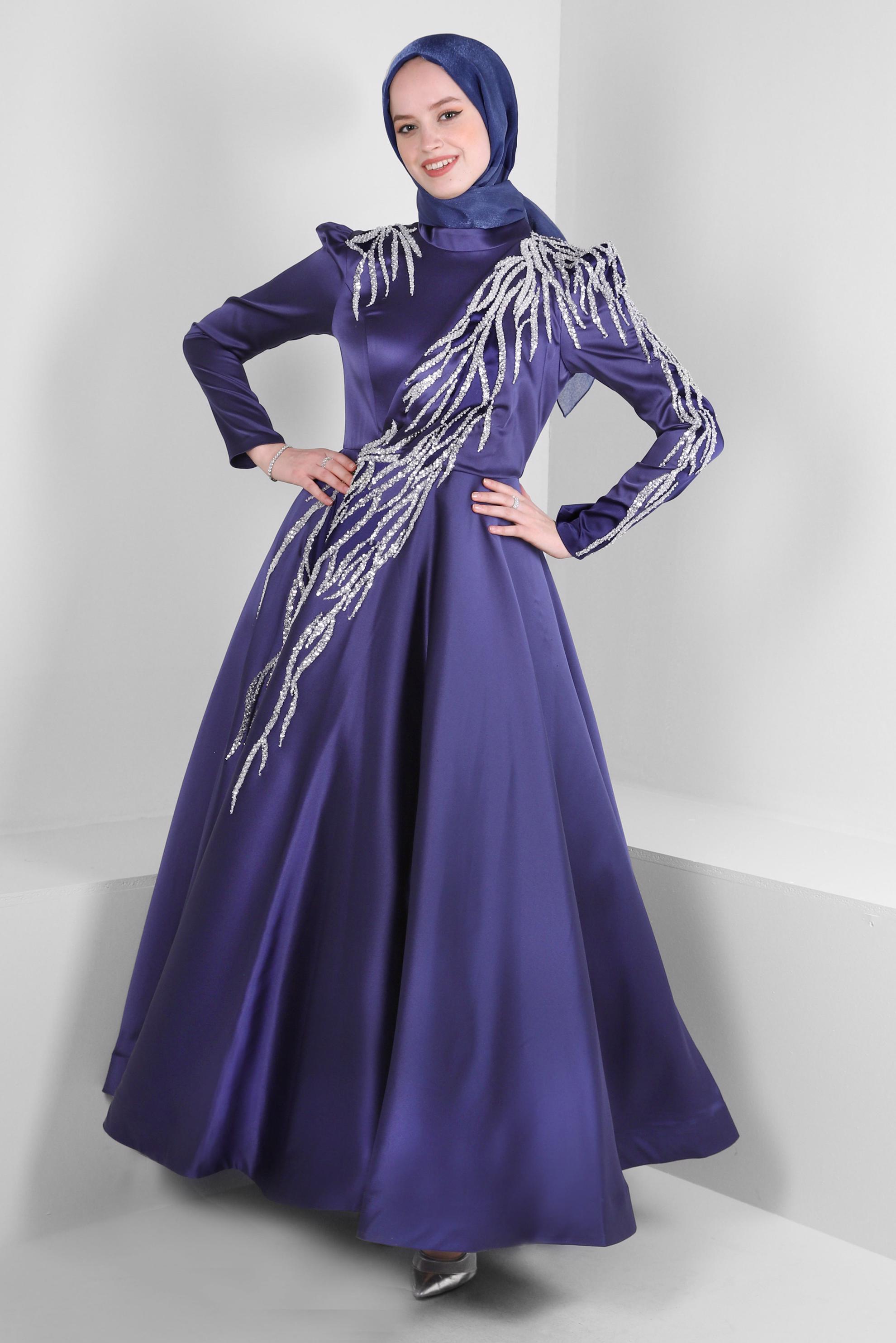 Tesettür giyim LACİVERT PUL PAYET İŞLEMELİ SATEN ABİYE ELBİSE 50368 