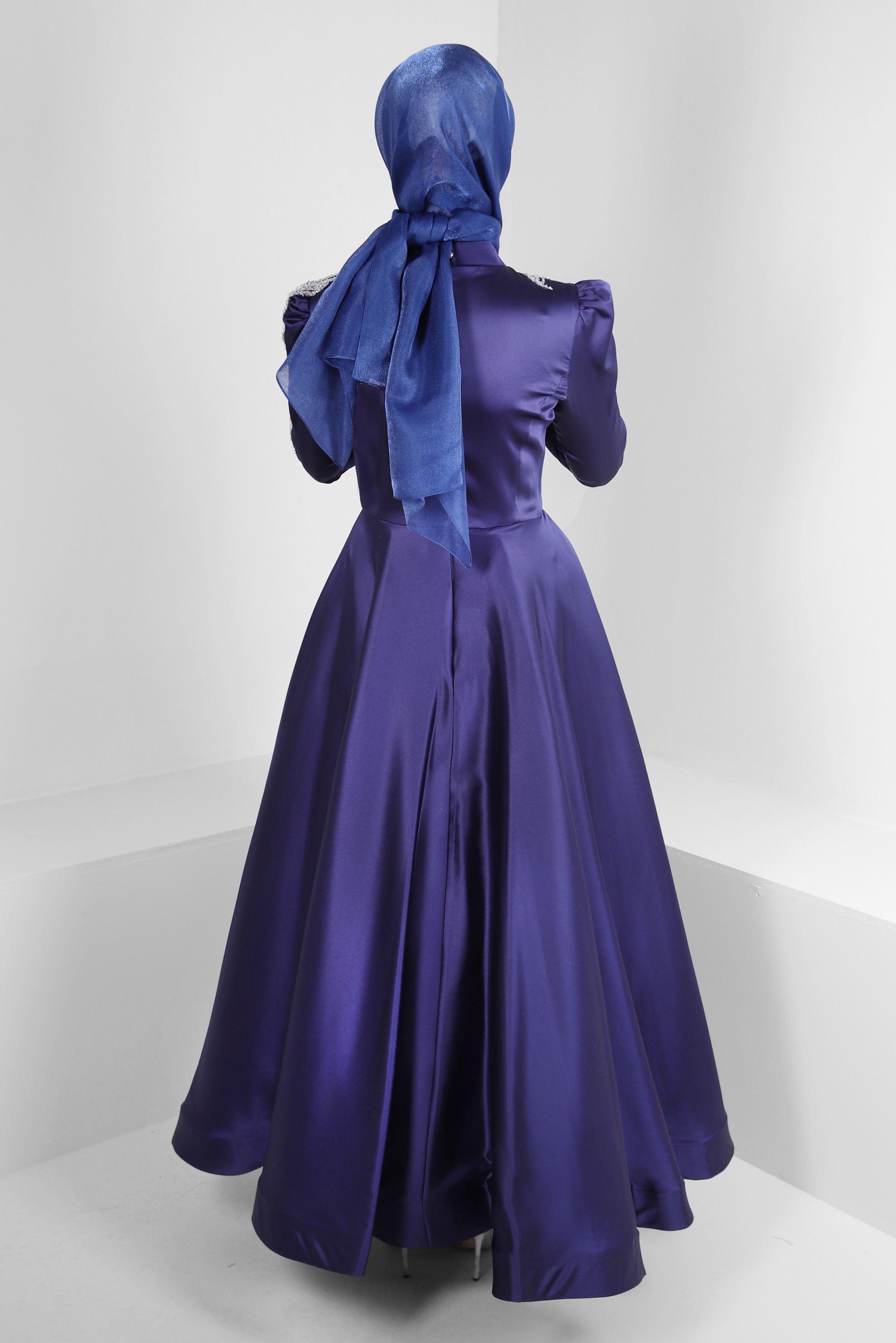 Tesettür giyim LACİVERT PUL PAYET İŞLEMELİ SATEN ABİYE ELBİSE 50368 