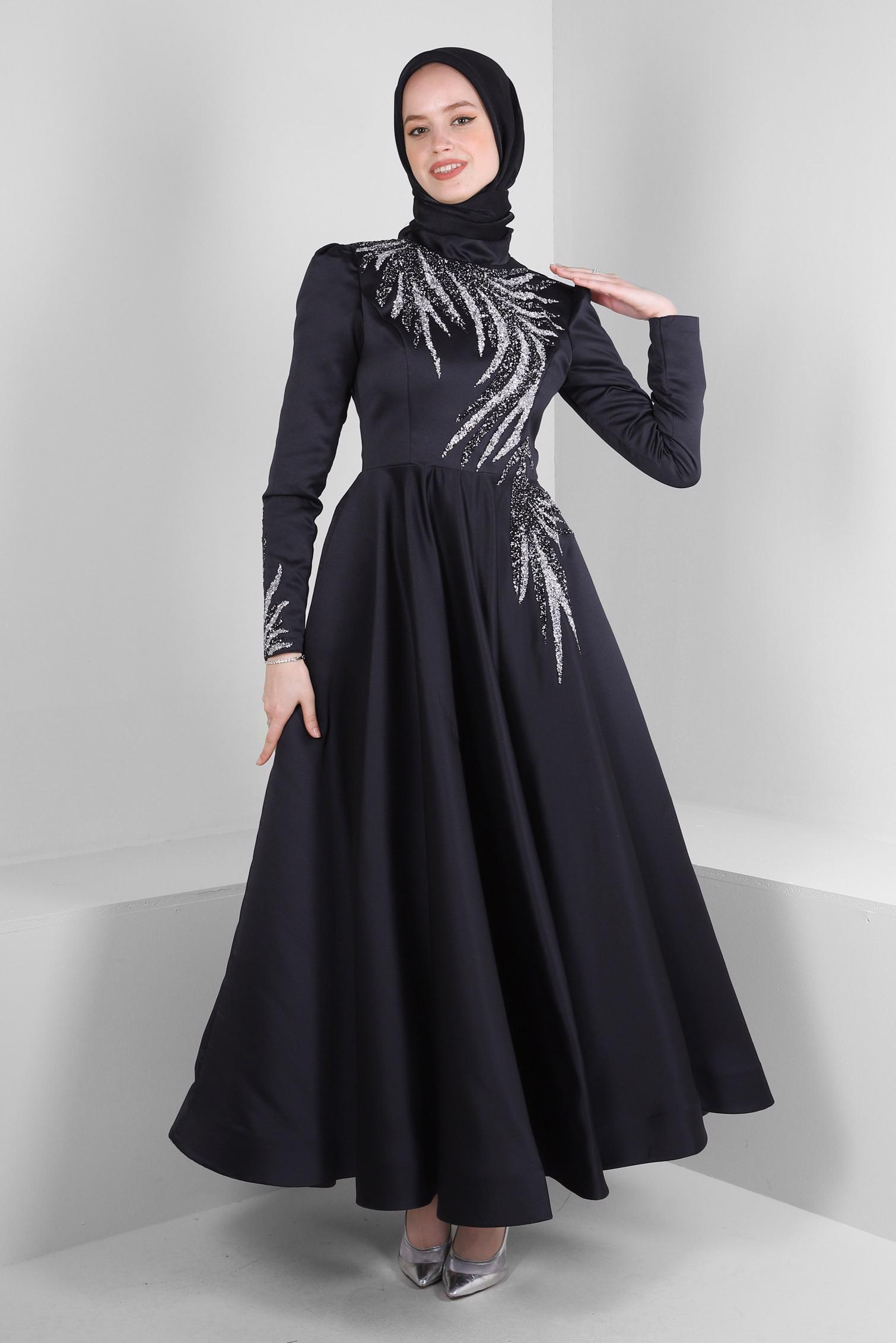 Tesettür giyim SİYAH PUL PAYET İŞLEMELİ MAT SATEN ABİYE ELBİSE 50370