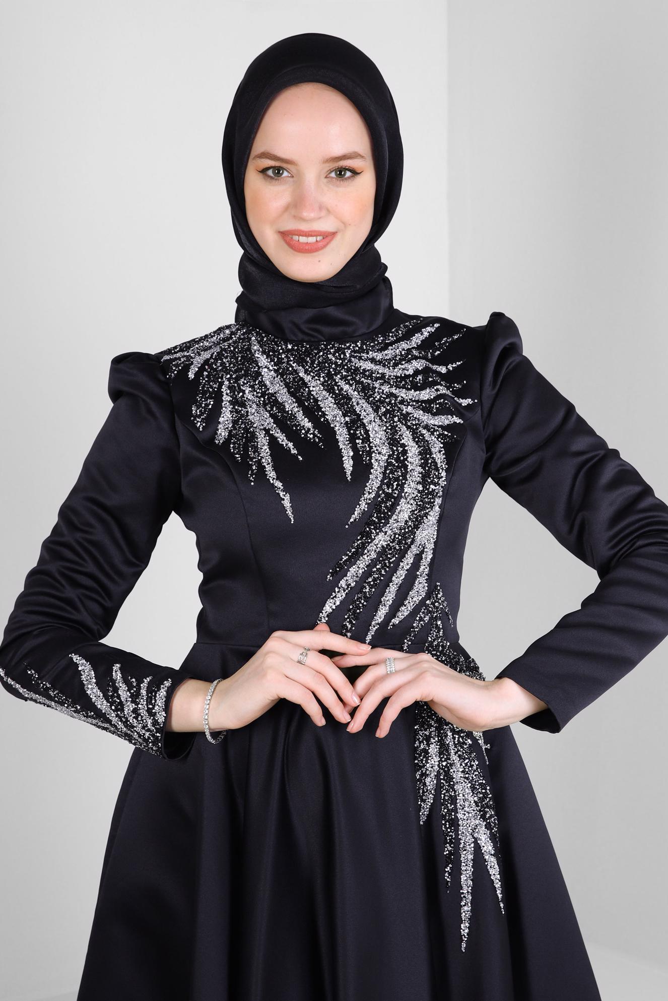Tesettür giyim SİYAH PUL PAYET İŞLEMELİ MAT SATEN ABİYE ELBİSE 50370