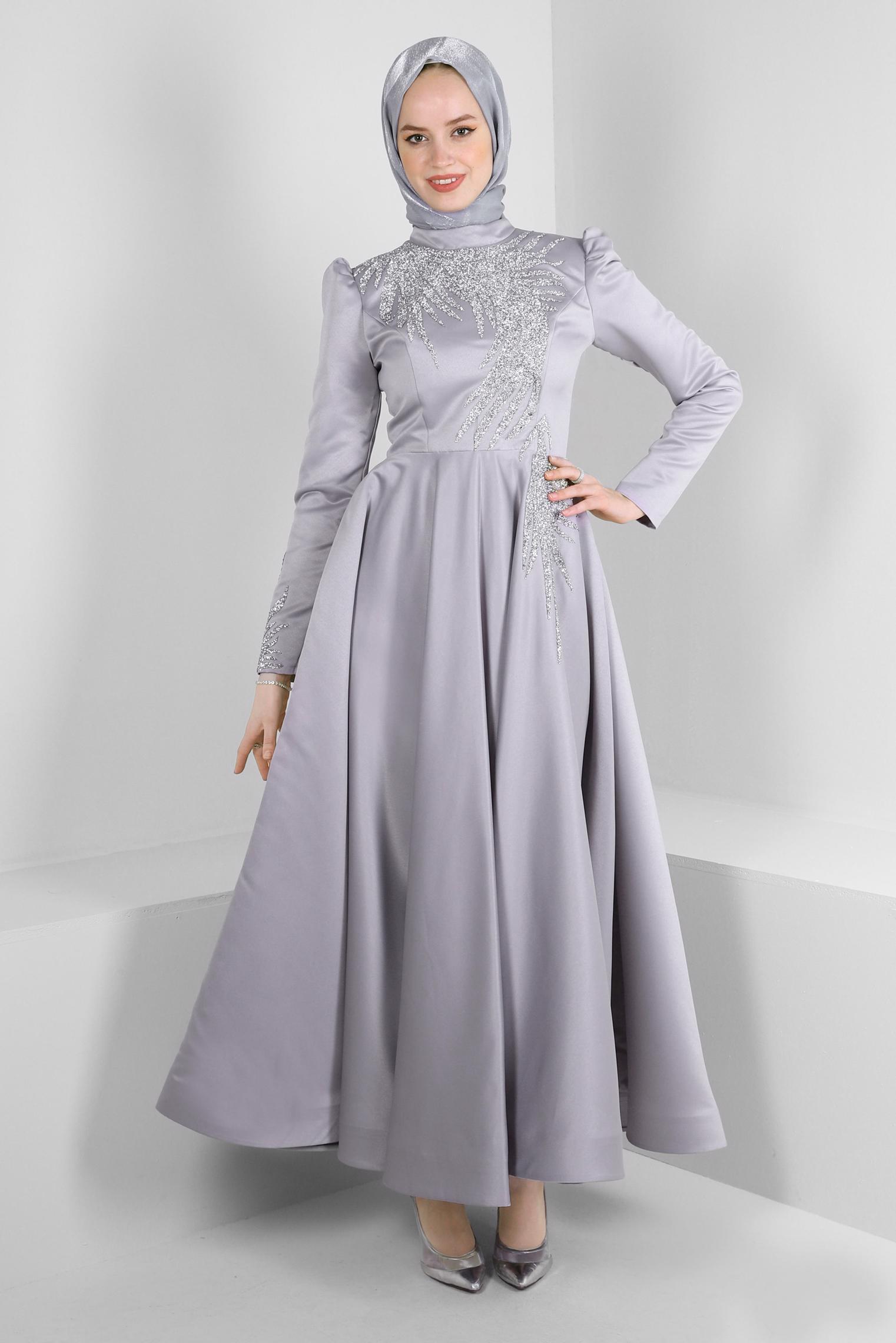 Tesettür giyim GRİ PUL PAYET İŞLEMELİ MAT SATEN ABİYE ELBİSE 50370