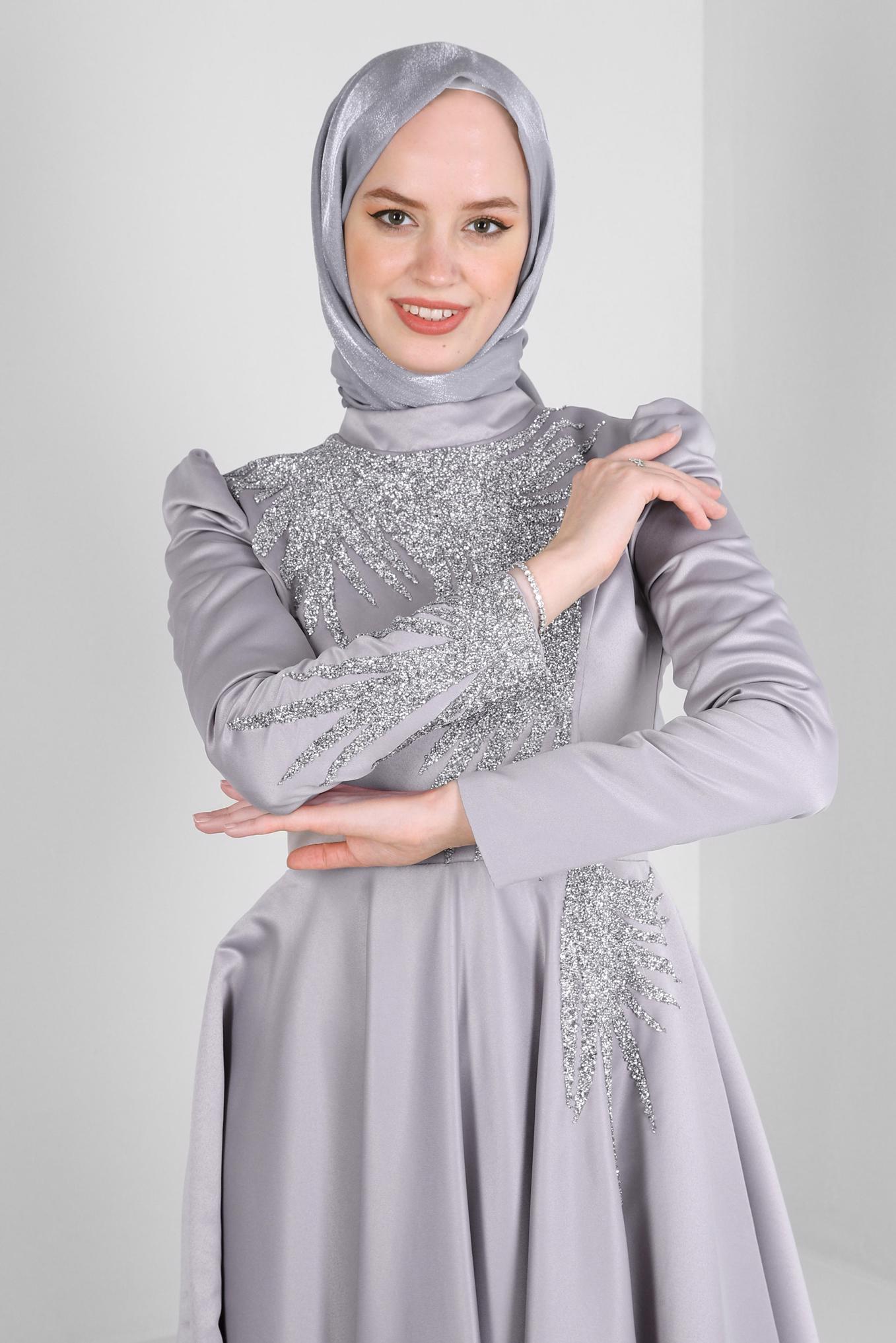 Tesettür giyim GRİ PUL PAYET İŞLEMELİ MAT SATEN ABİYE ELBİSE 50370