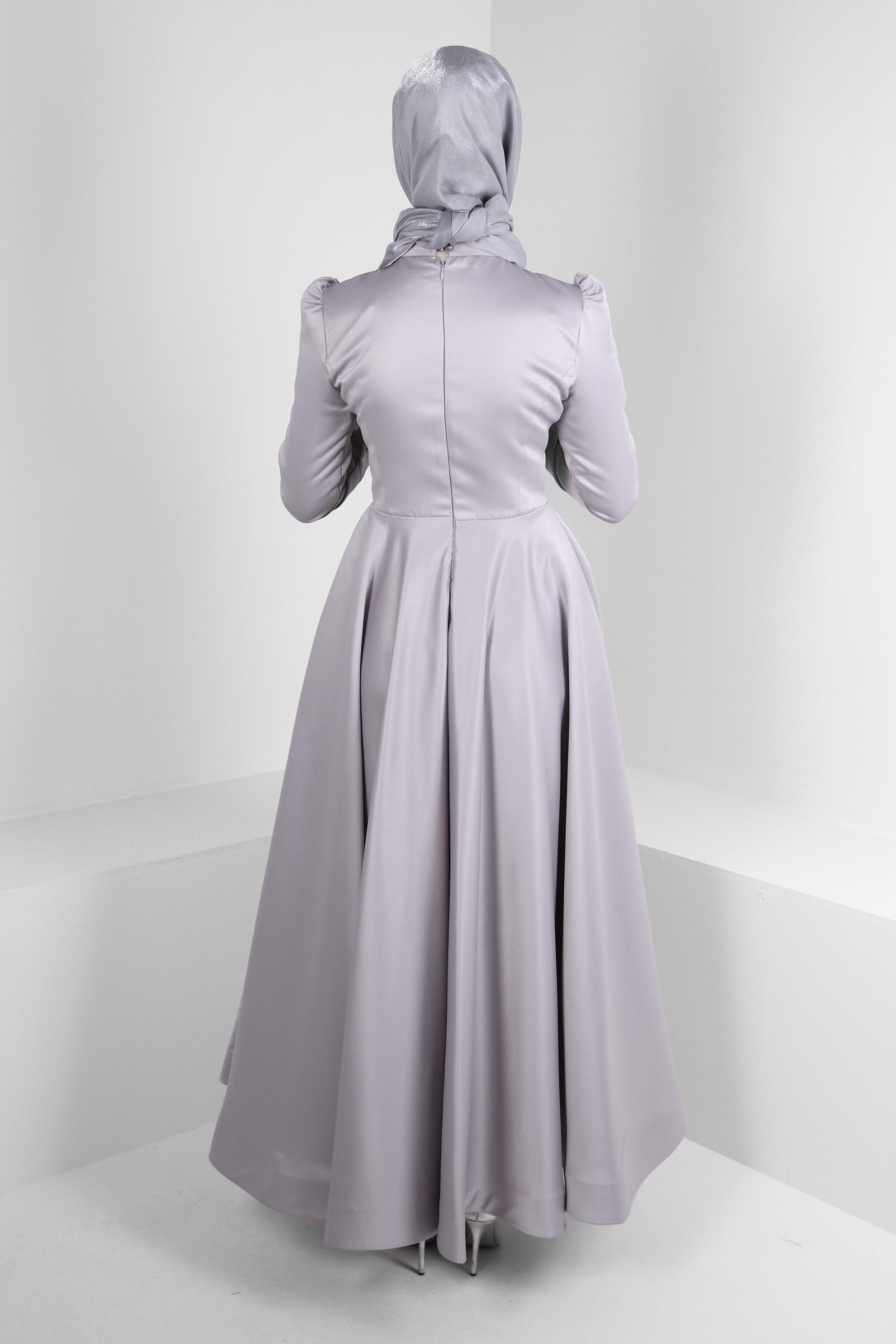 Tesettür giyim GRİ PUL PAYET İŞLEMELİ MAT SATEN ABİYE ELBİSE 50370