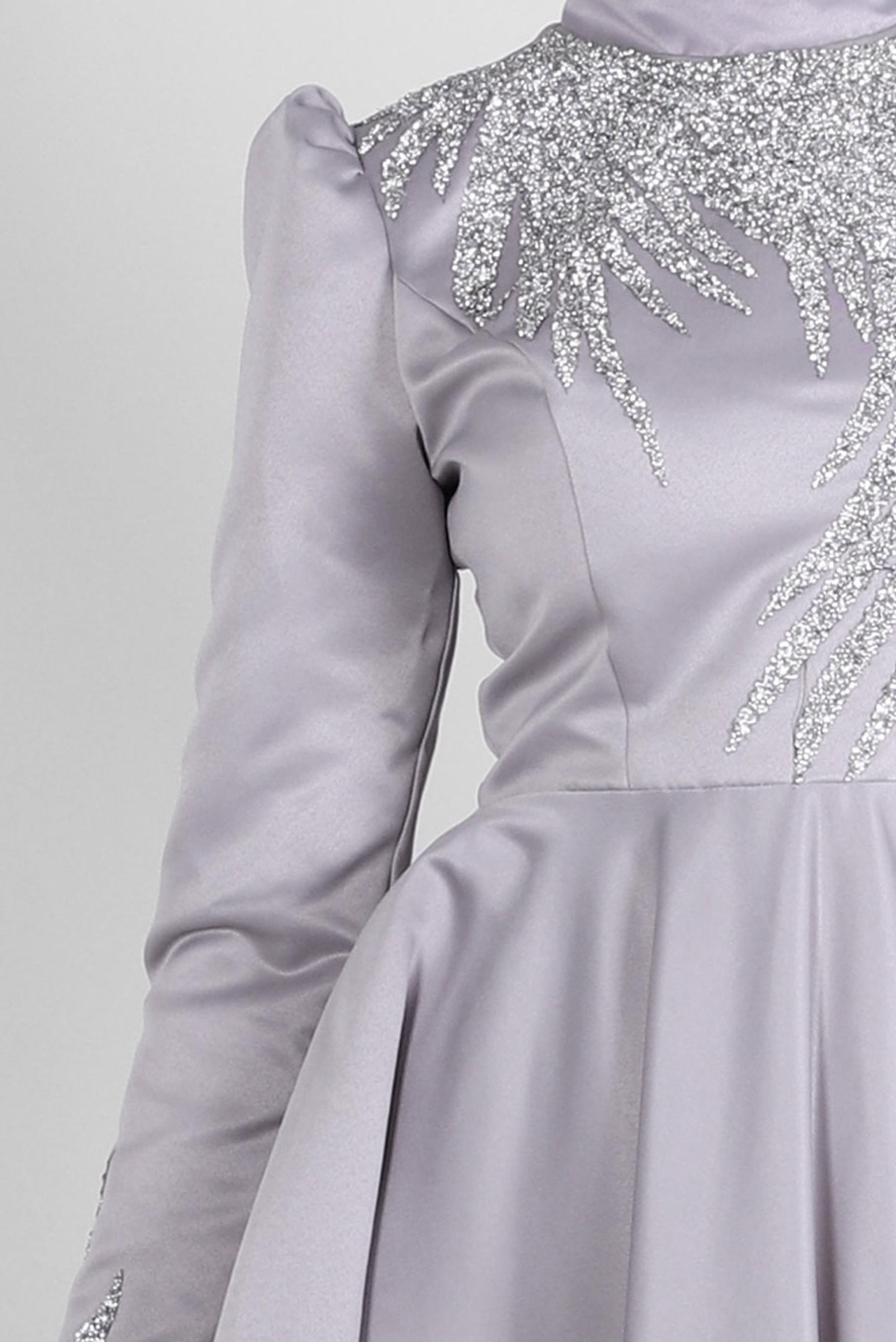 Tesettür giyim GRİ PUL PAYET İŞLEMELİ MAT SATEN ABİYE ELBİSE 50370