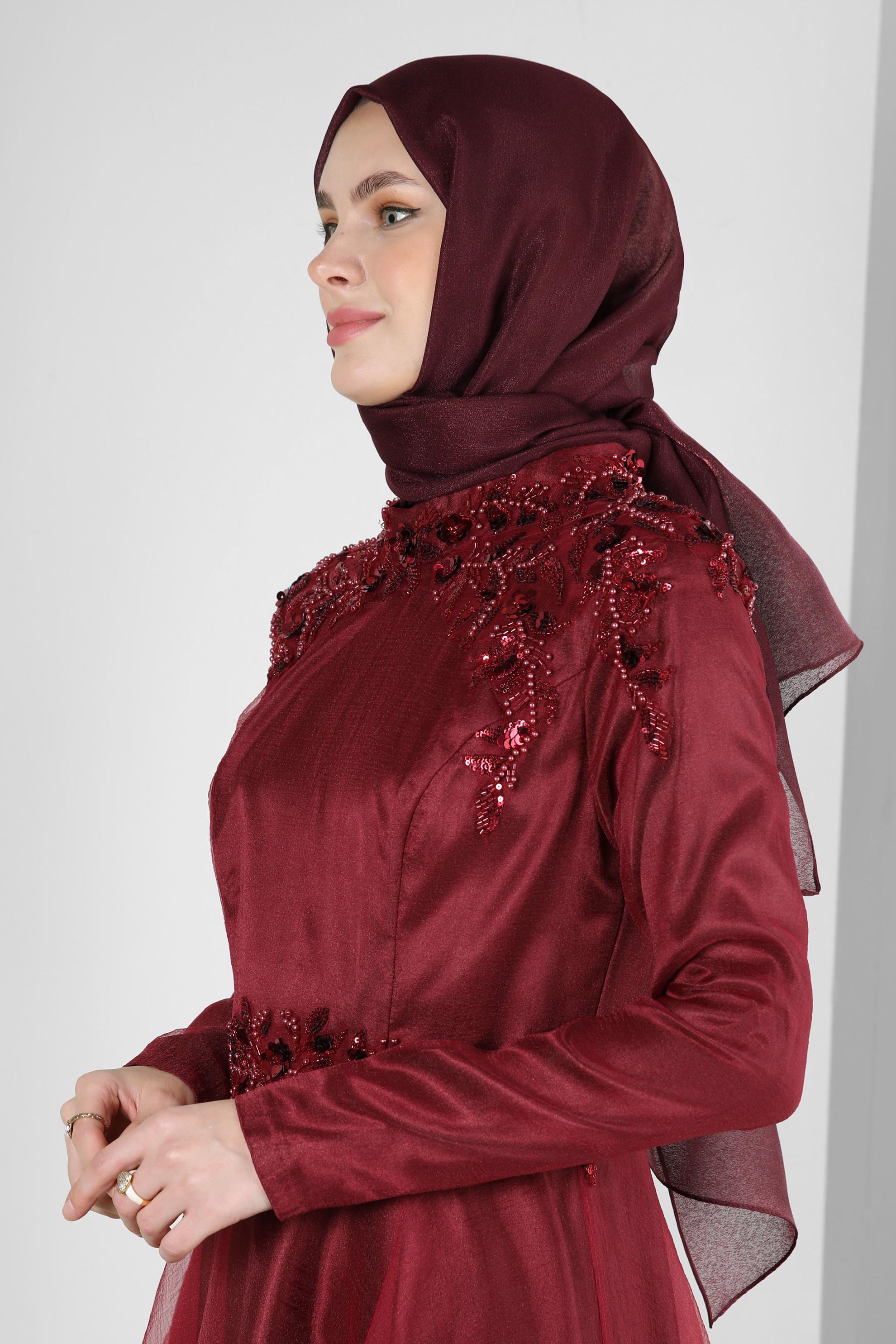 Tesettür giyim BORDO PUL PAYET İŞLEMELİ ORGANZE ABİYE ELBİSE 50371