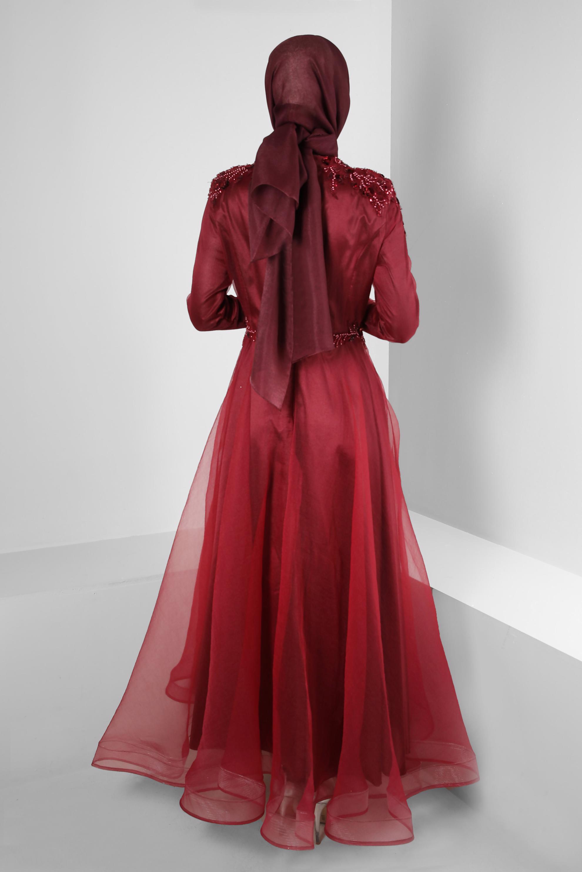 Tesettür giyim BORDO PUL PAYET İŞLEMELİ ORGANZE ABİYE ELBİSE 50371