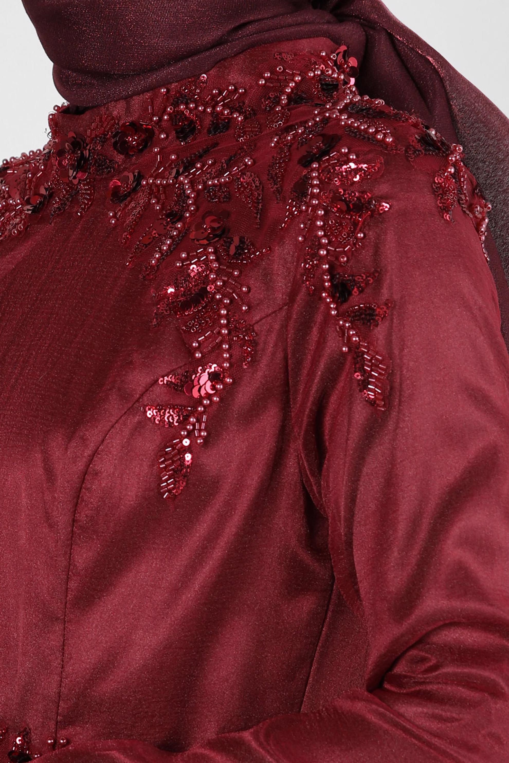 Tesettür giyim BORDO PUL PAYET İŞLEMELİ ORGANZE ABİYE ELBİSE 50371