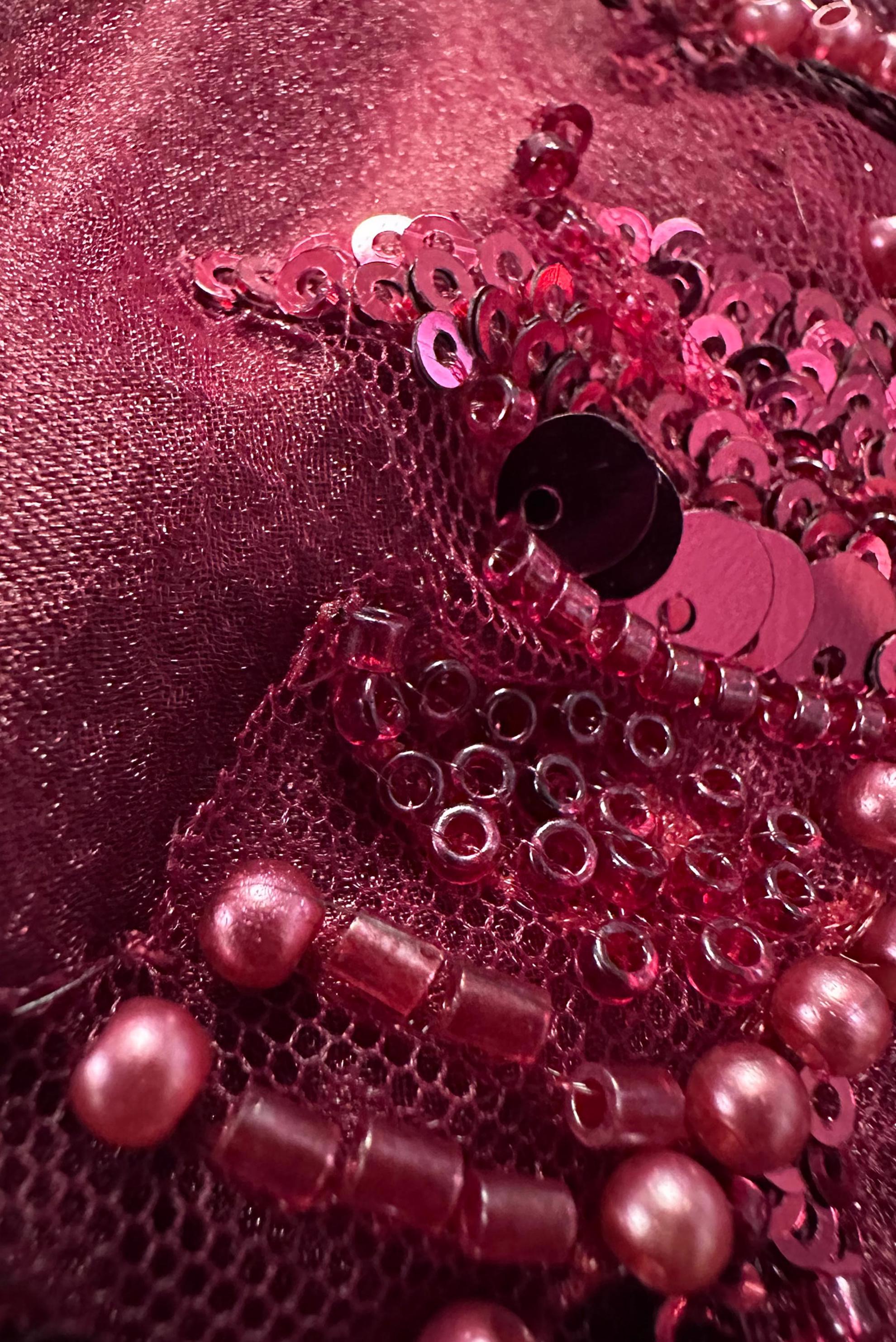 Tesettür giyim BORDO PUL PAYET İŞLEMELİ ORGANZE ABİYE ELBİSE 50371