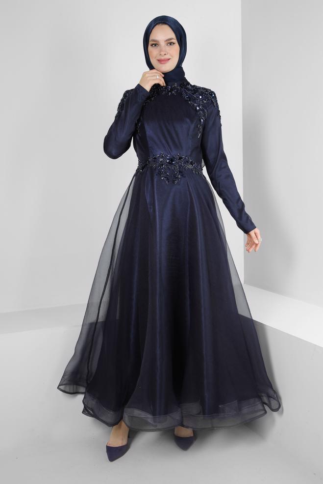 Tesettür giyim  PUL PAYET İŞLEMELİ ORGANZE ABİYE ELBİSE 50371 - ALVİNA