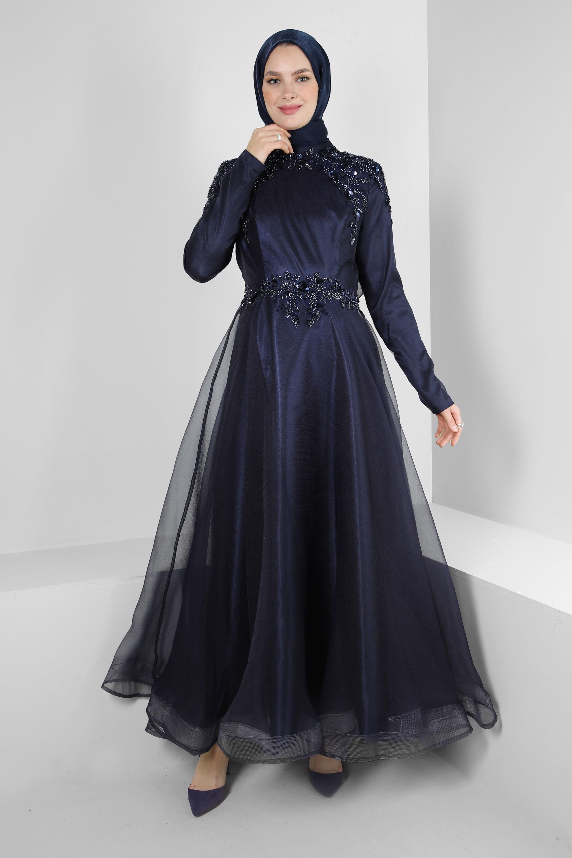 Tesettür giyim LACİVERT PUL PAYET İŞLEMELİ ORGANZE ABİYE ELBİSE 50371