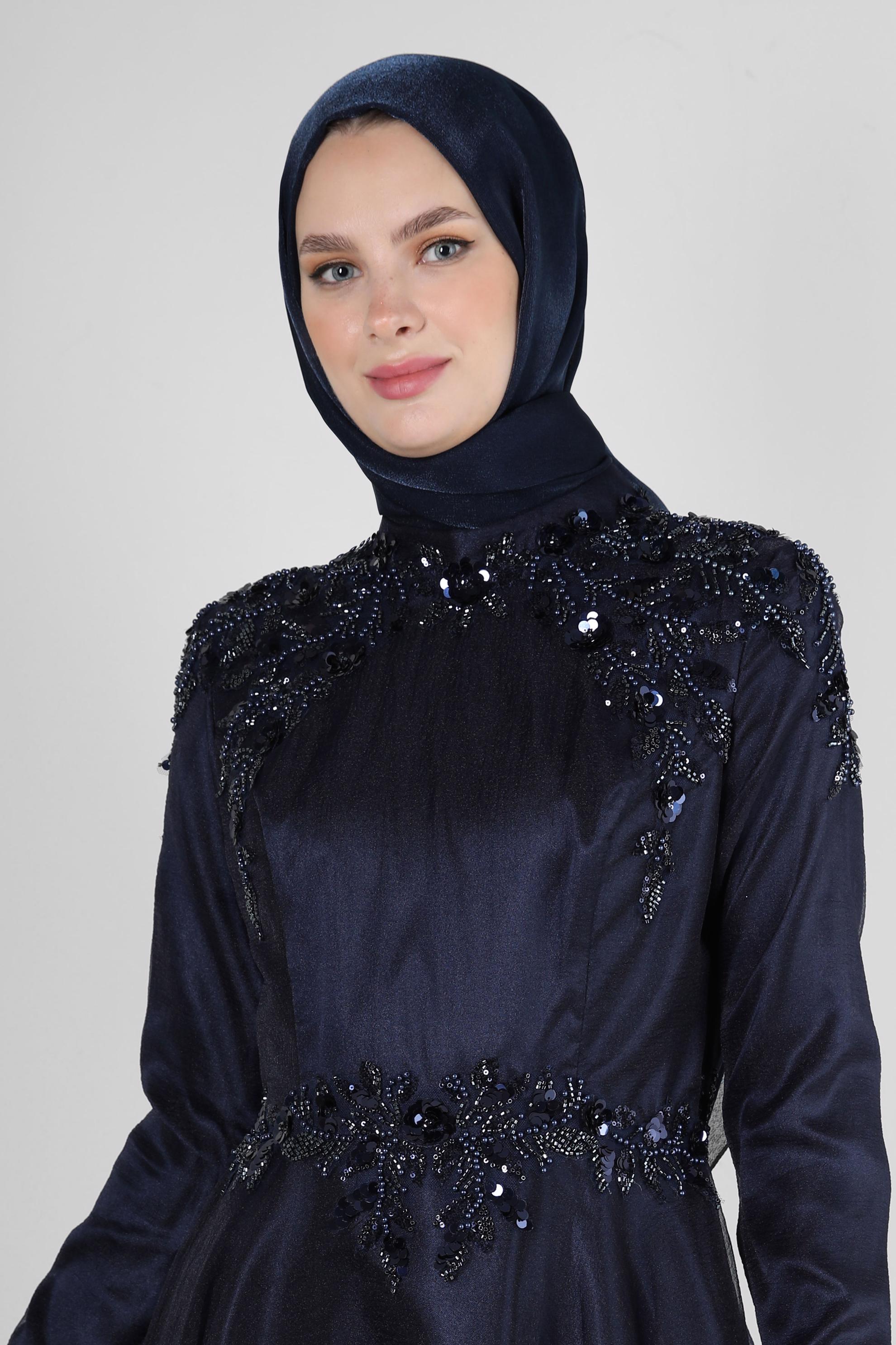 Tesettür giyim LACİVERT PUL PAYET İŞLEMELİ ORGANZE ABİYE ELBİSE 50371