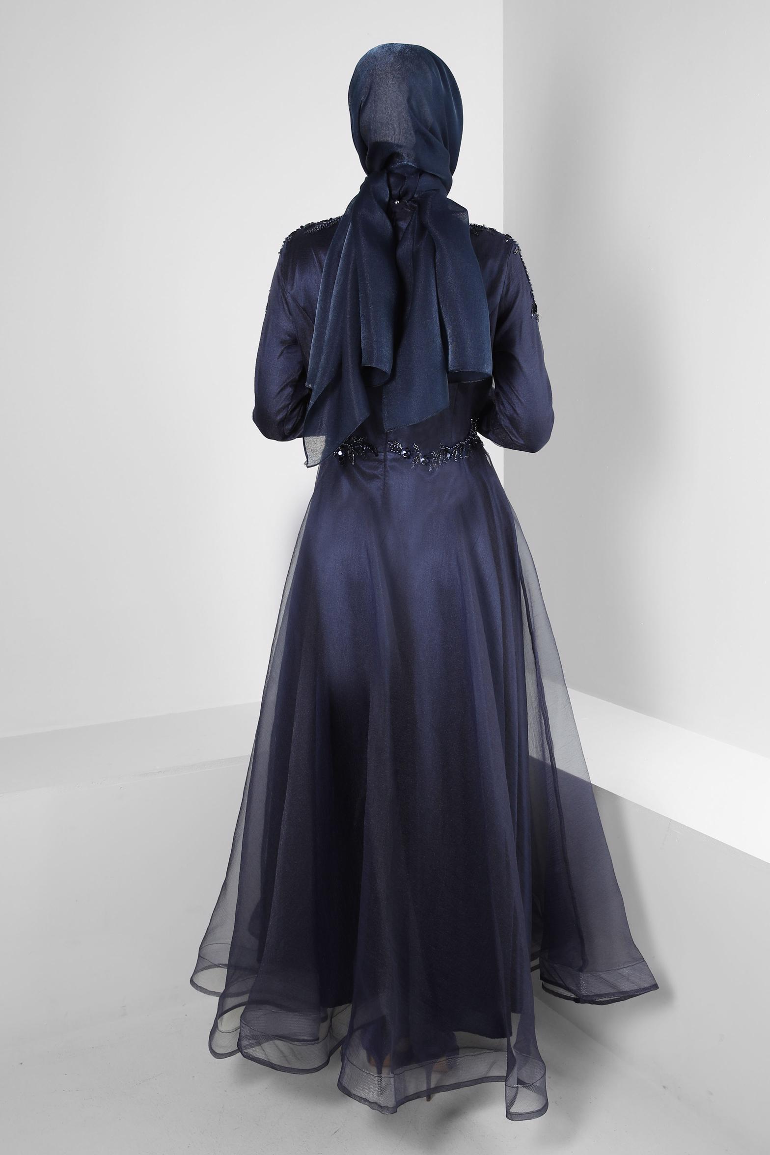 Tesettür giyim LACİVERT PUL PAYET İŞLEMELİ ORGANZE ABİYE ELBİSE 50371