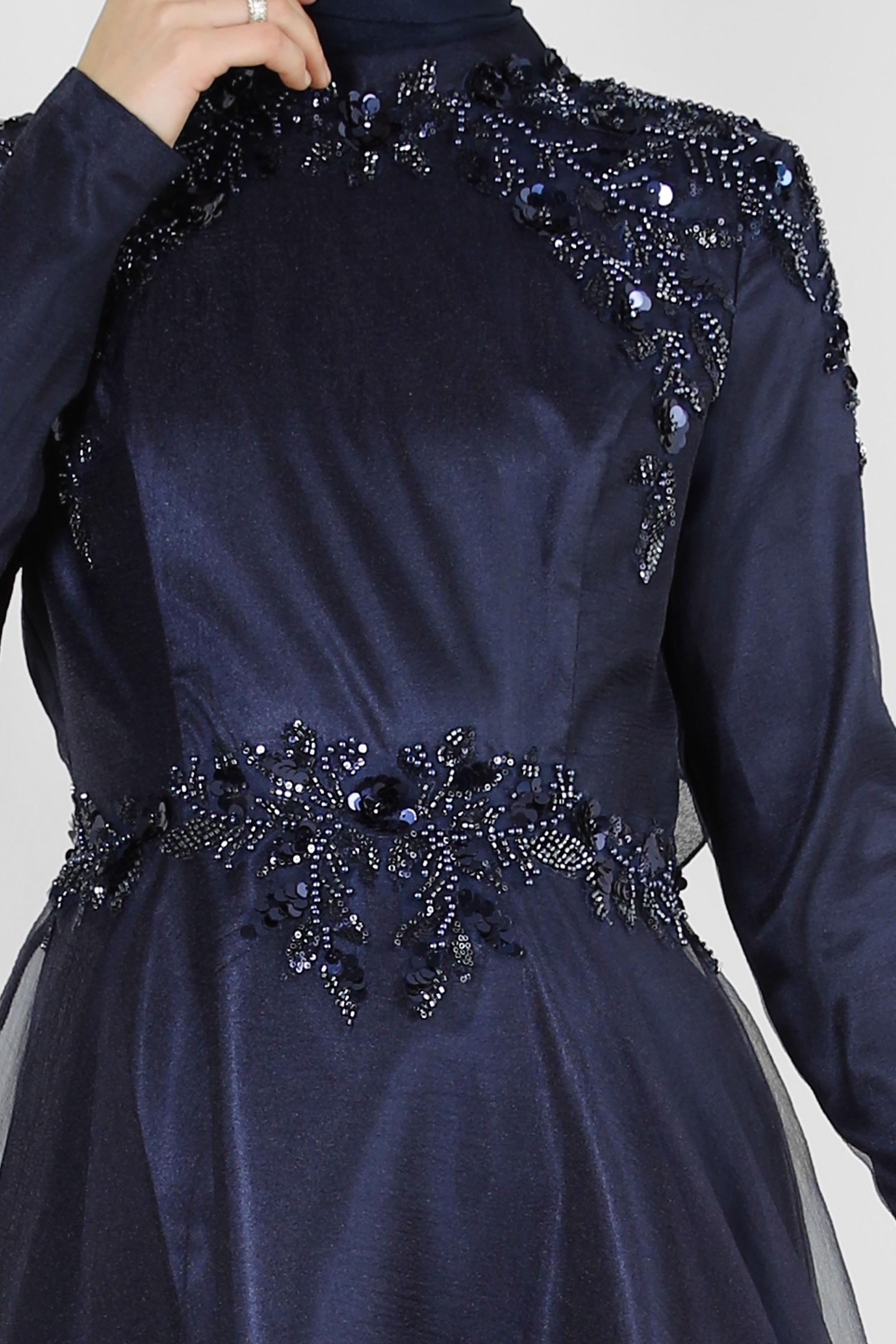 Tesettür giyim LACİVERT PUL PAYET İŞLEMELİ ORGANZE ABİYE ELBİSE 50371