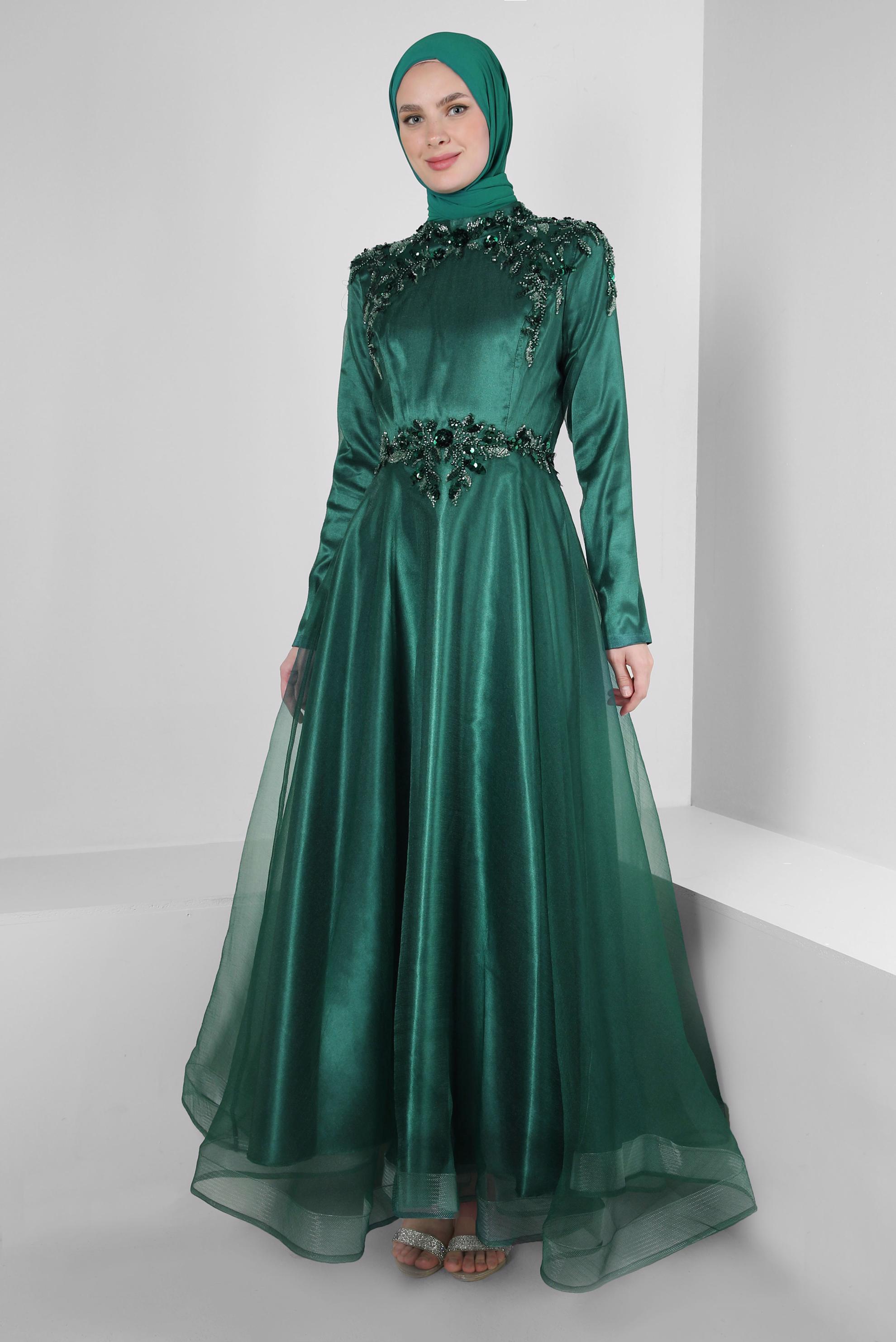Tesettür giyim YEŞİL PUL PAYET İŞLEMELİ ORGANZE ABİYE ELBİSE 50371