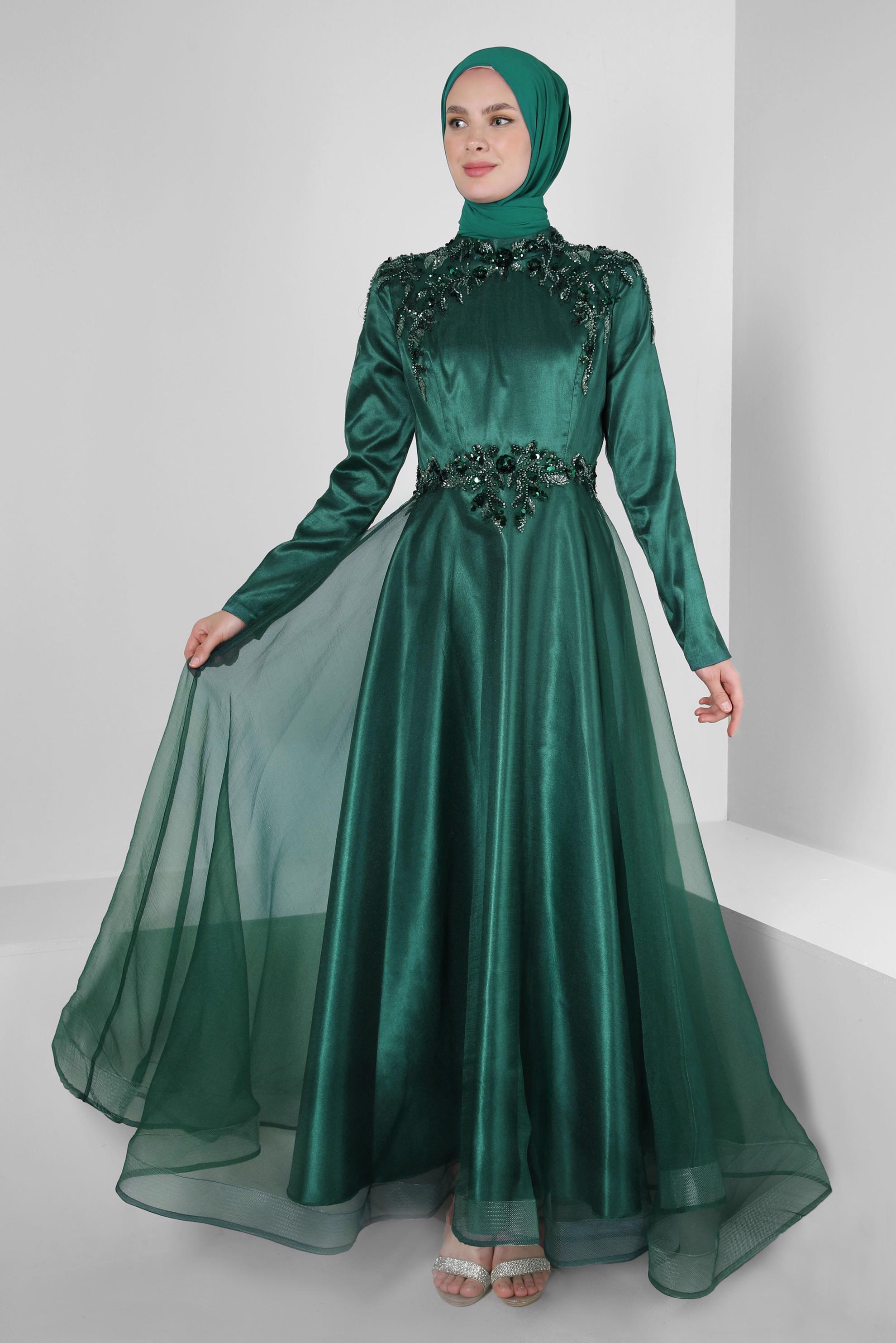 Tesettür giyim YEŞİL PUL PAYET İŞLEMELİ ORGANZE ABİYE ELBİSE 50371
