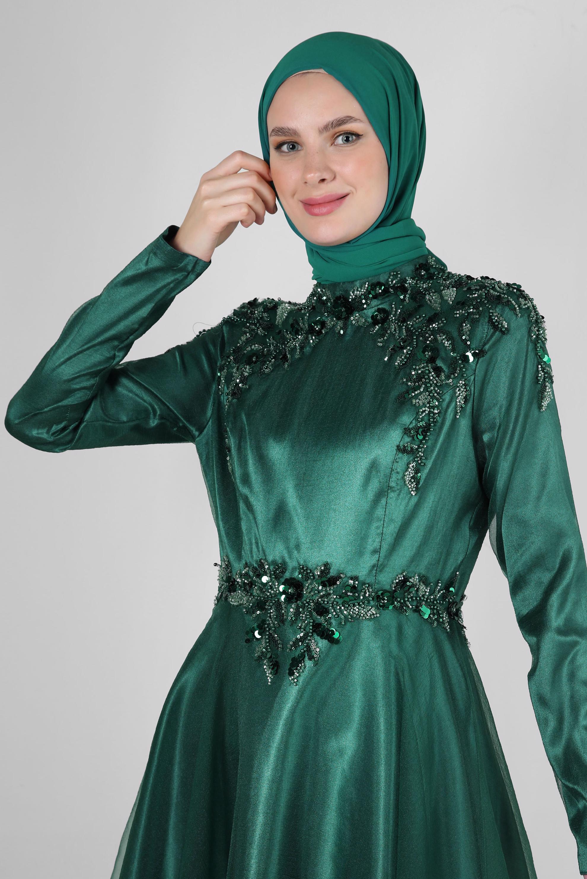 Tesettür giyim YEŞİL PUL PAYET İŞLEMELİ ORGANZE ABİYE ELBİSE 50371