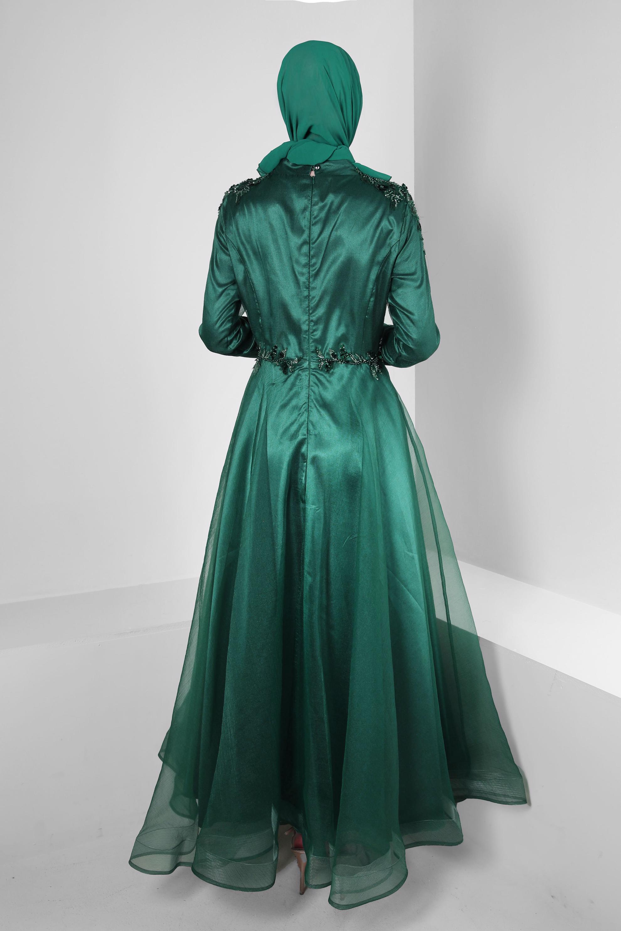 Tesettür giyim YEŞİL PUL PAYET İŞLEMELİ ORGANZE ABİYE ELBİSE 50371