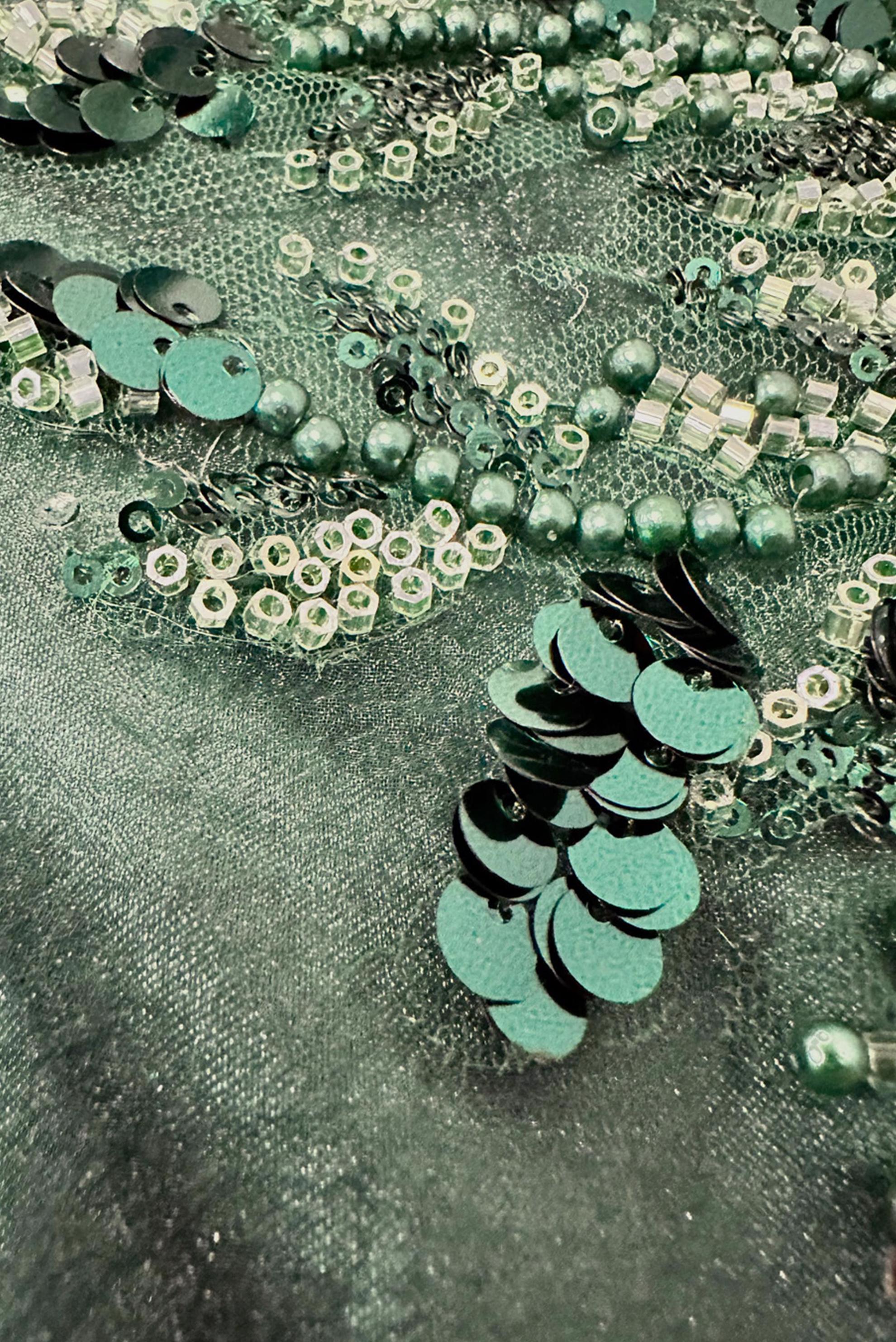 Tesettür giyim YEŞİL PUL PAYET İŞLEMELİ ORGANZE ABİYE ELBİSE 50371