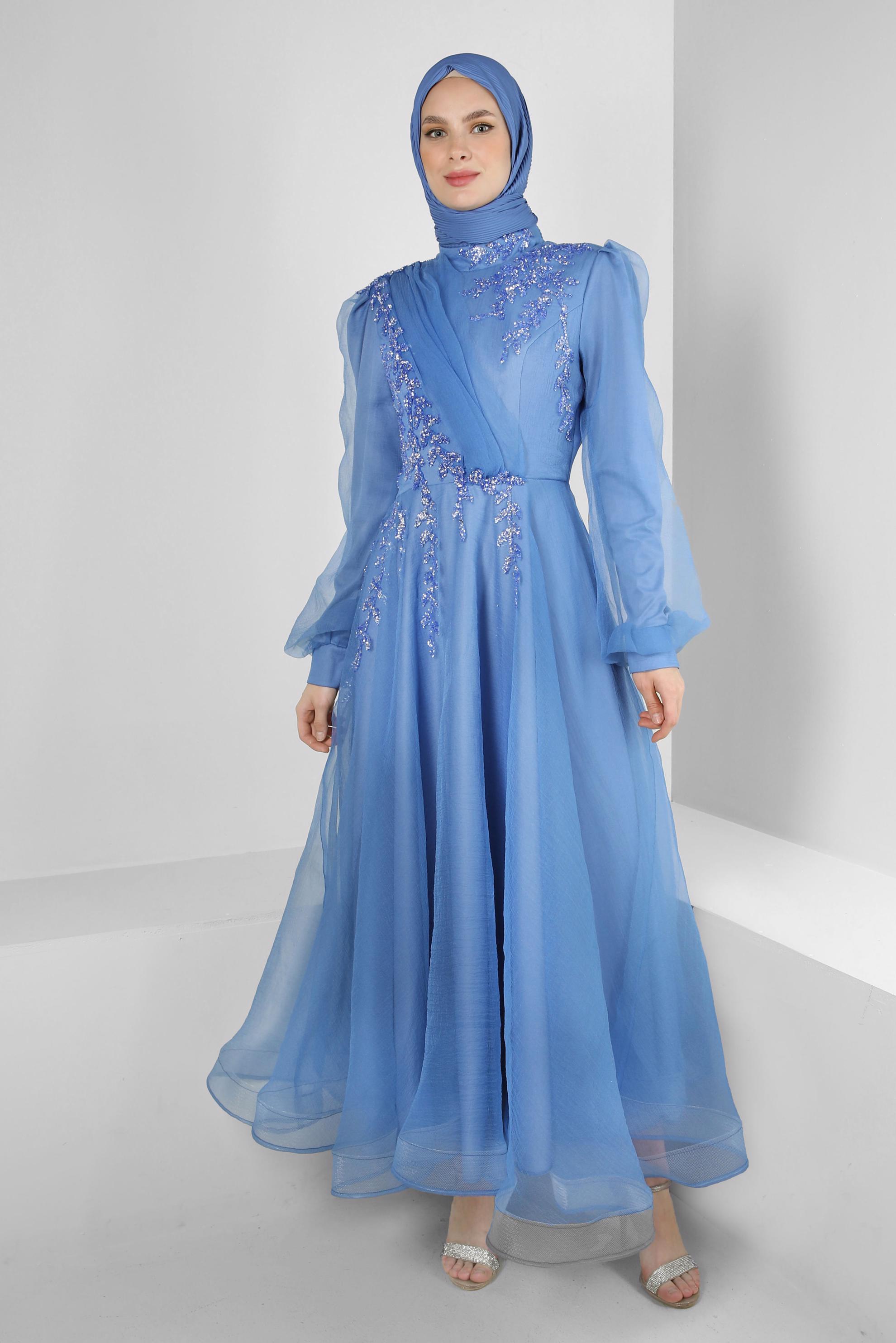 Tesettür giyim LACİVERT ORGANZE PUL PAYET İŞLEMELİ ABİYE ELBİSE 50372