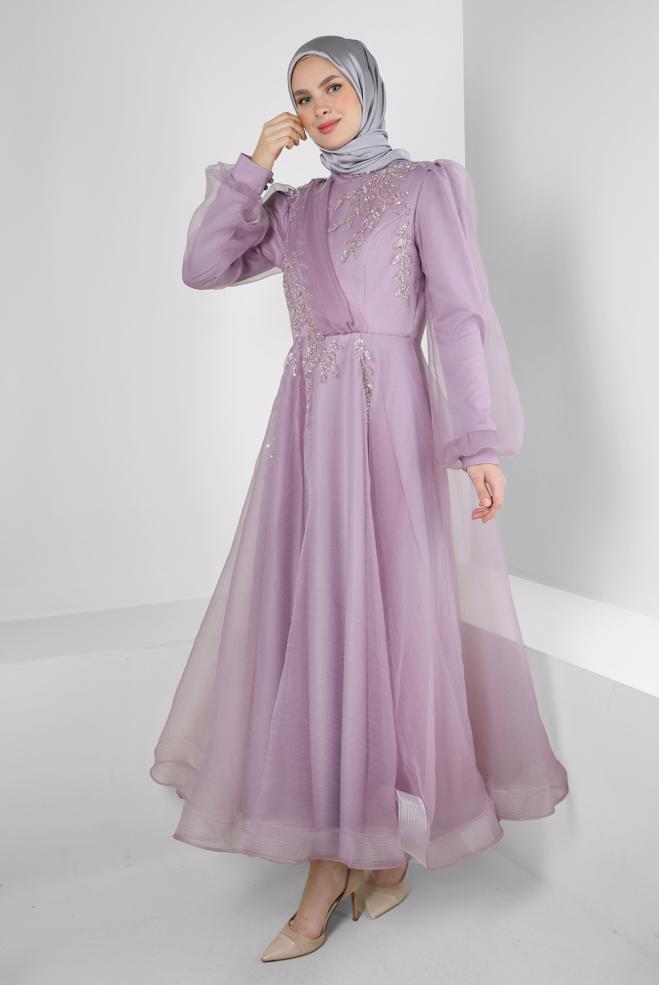 Vêtements hijab POURPRE ROBE DE SOIRÉE EN ORGANZA À SEQUINS 50372 - ALVİNA