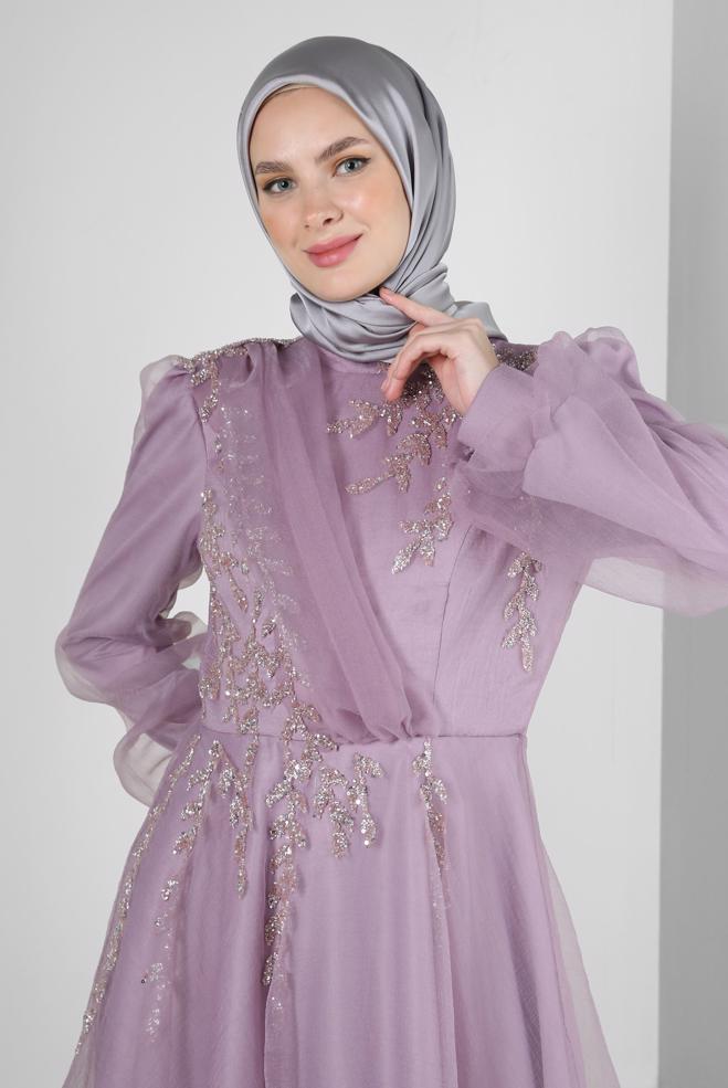 Vêtements hijab POURPRE ROBE DE SOIRÉE EN ORGANZA À SEQUINS 50372 - ALVİNA