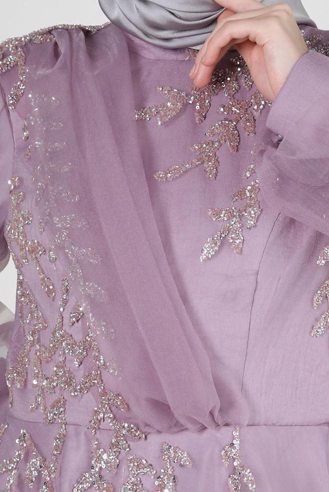 Vêtements hijab POURPRE ROBE DE SOIRÉE EN ORGANZA À SEQUINS 50372 - ALVİNA