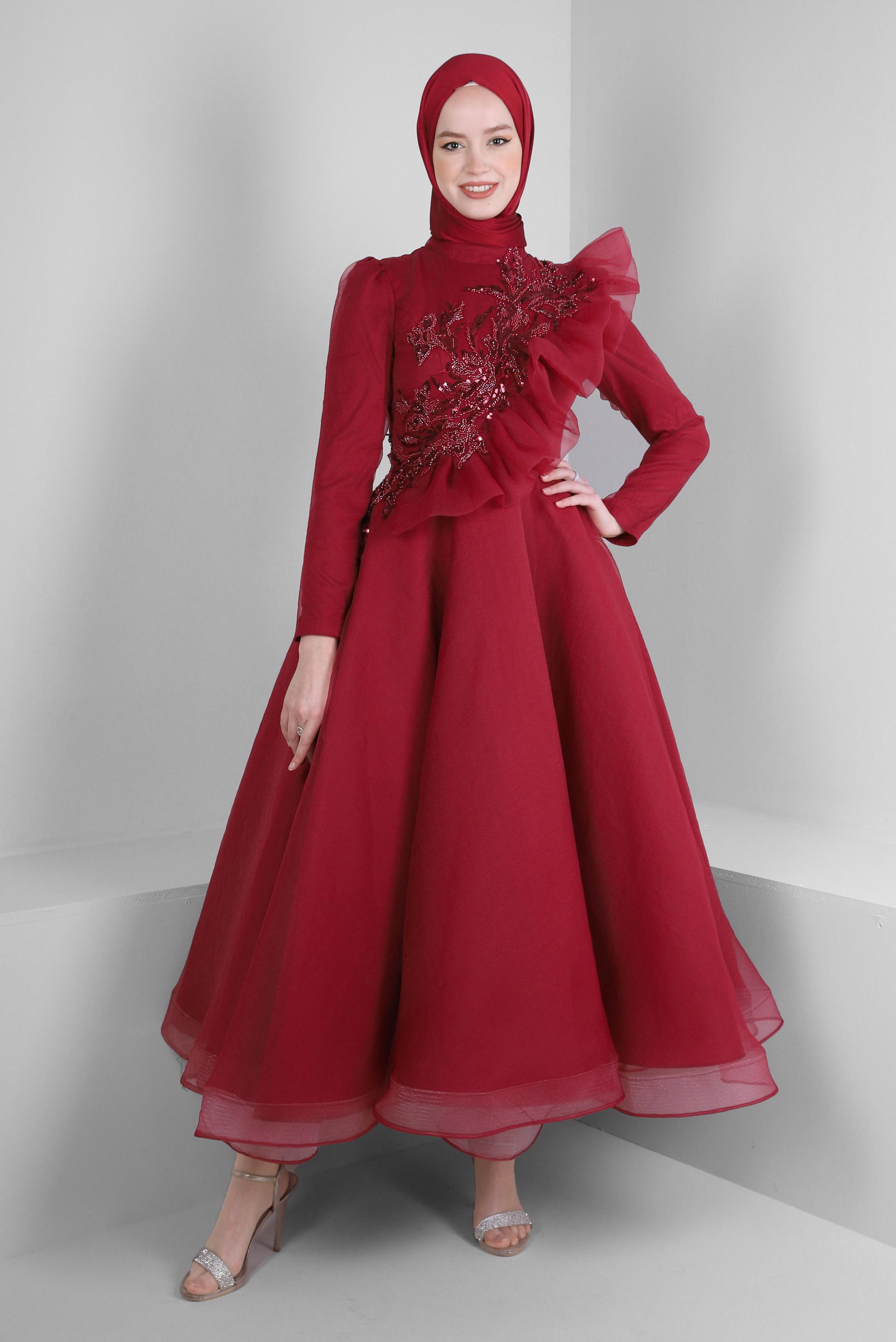 Tesettür giyim BORDO PUL PAYET İŞLEMELİ FIRFIR DETAYLI ABİYE ELBİSE 50373