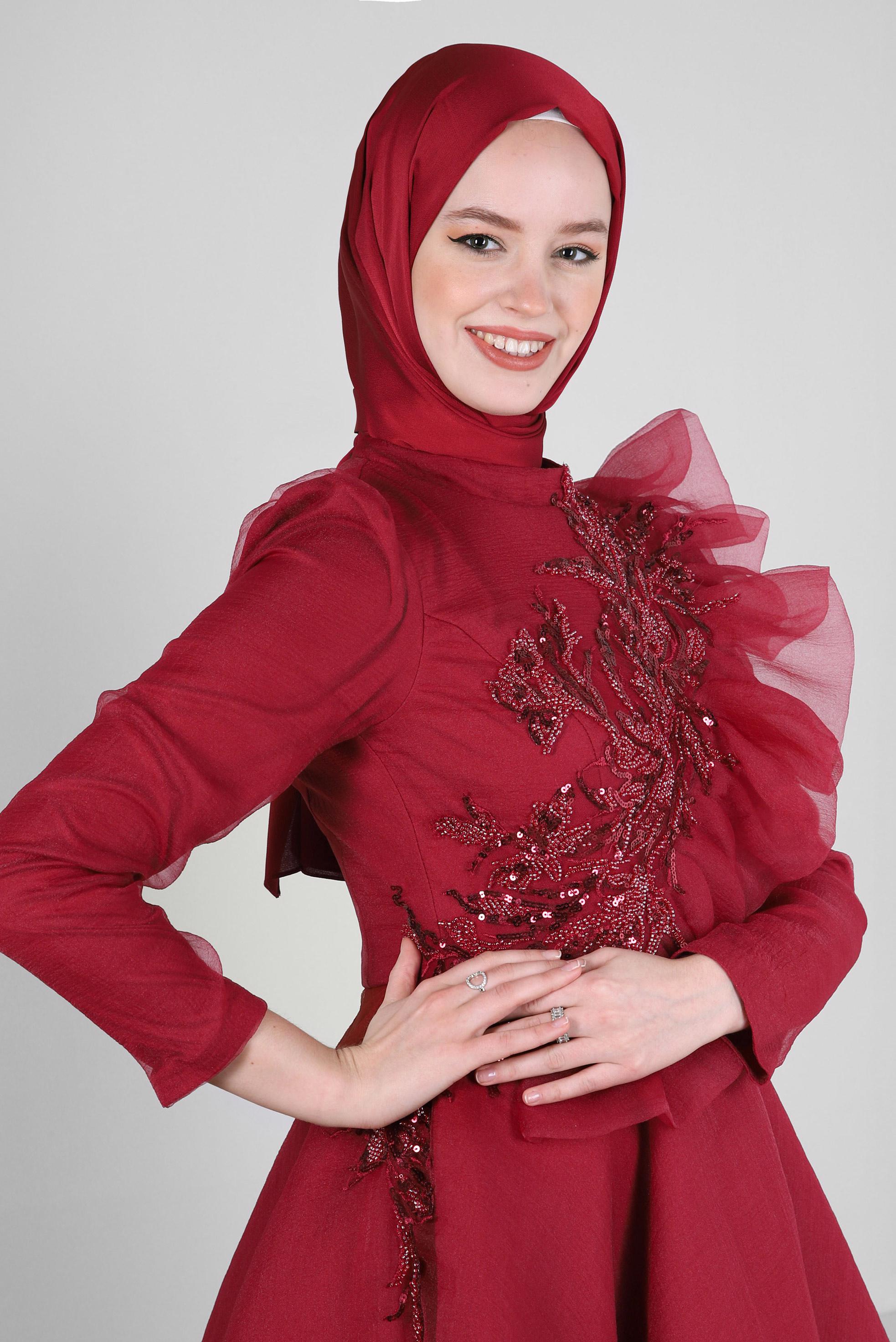 Tesettür giyim BORDO PUL PAYET İŞLEMELİ FIRFIR DETAYLI ABİYE ELBİSE 50373